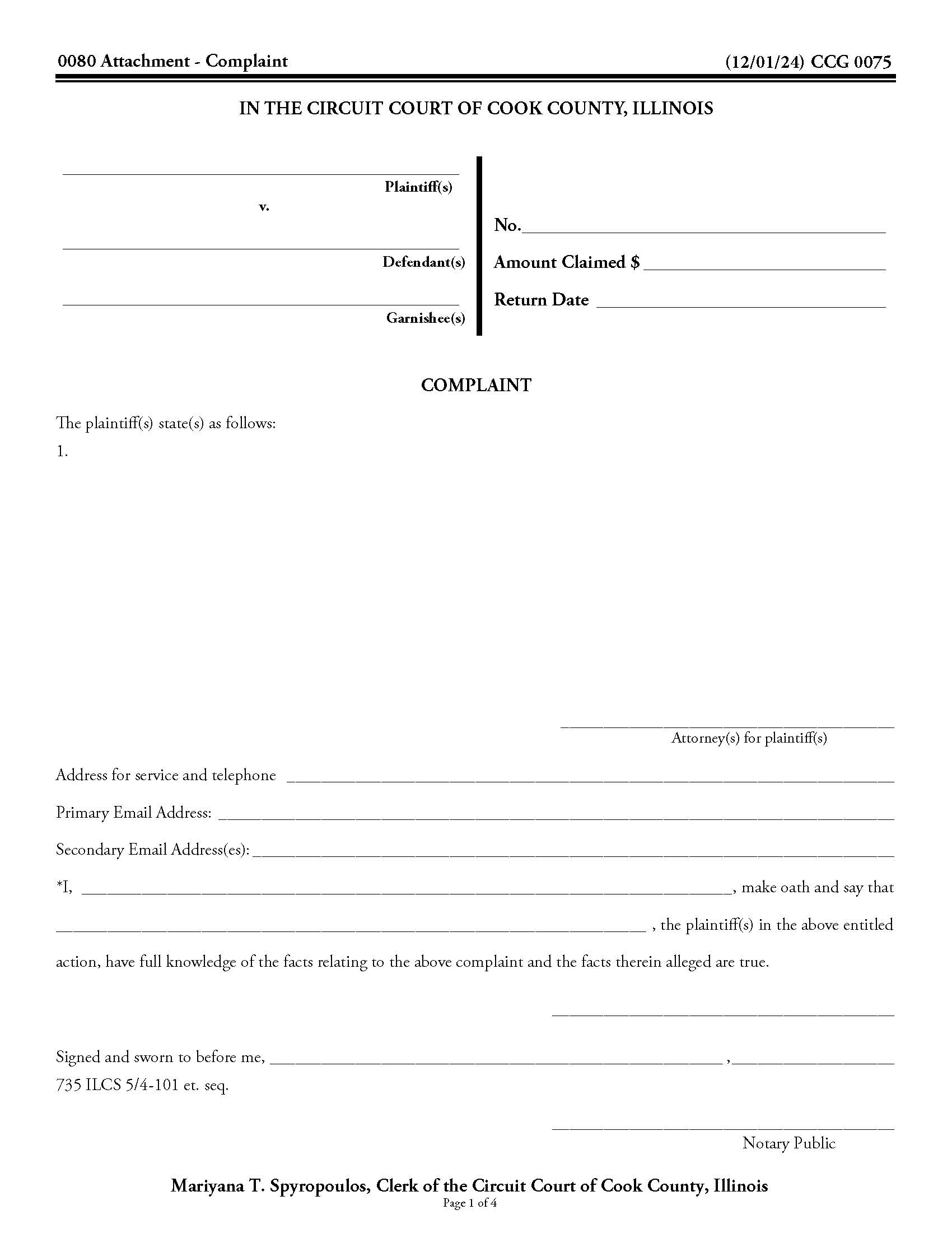 Complaint With Affidavit For Attachment And Interrogatories For Garnishee {CCG 0075} | Pdf Fpdf Doc Docx | Illinois