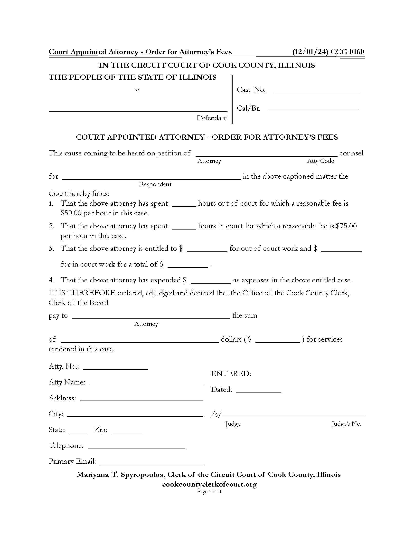 Court Appointed Attorney - Order For Attorneys Fees {CCG 0160} | Pdf Fpdf Docx | Illinois