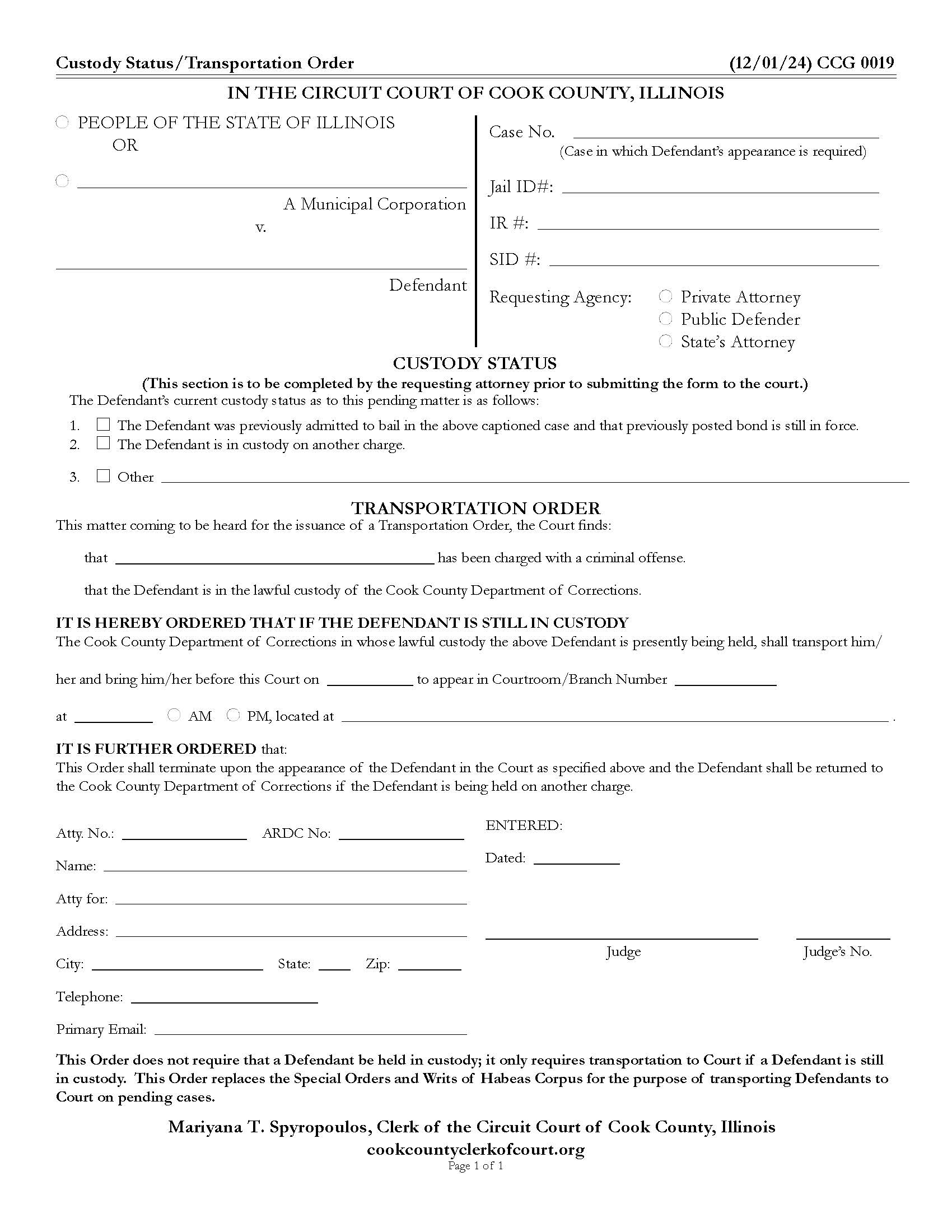 Custody Status Transporation Order {CCG 0019} | Pdf Fpdf Docx | Illinois