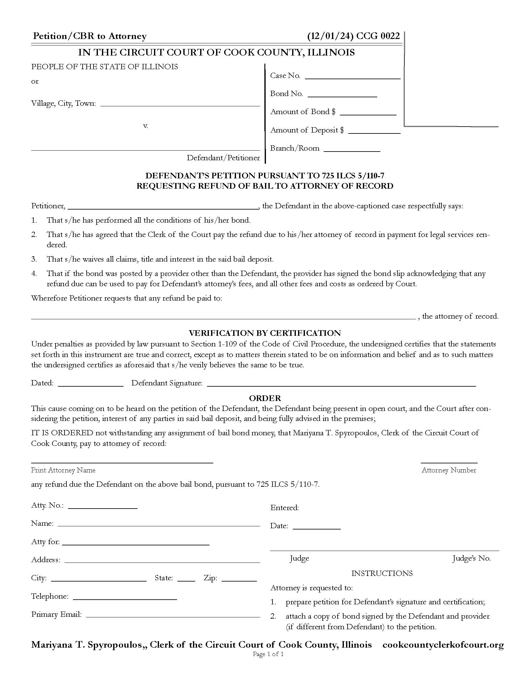 Defendants Petition Requesting Refund Of Bail {CCG 0022} | Pdf Fpdf Docx | Illinois