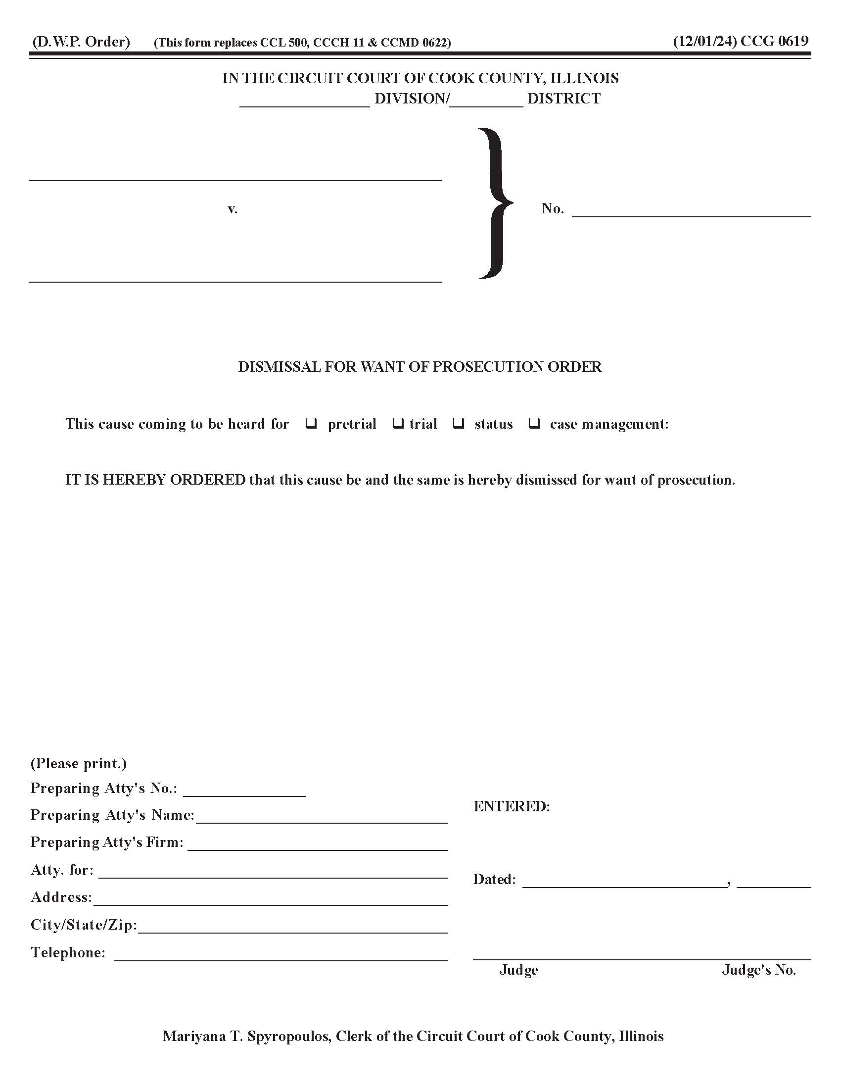Dismissal For Want Of Prosecution Order {CCG 0619} | Pdf Fpdf Docx | Illinois