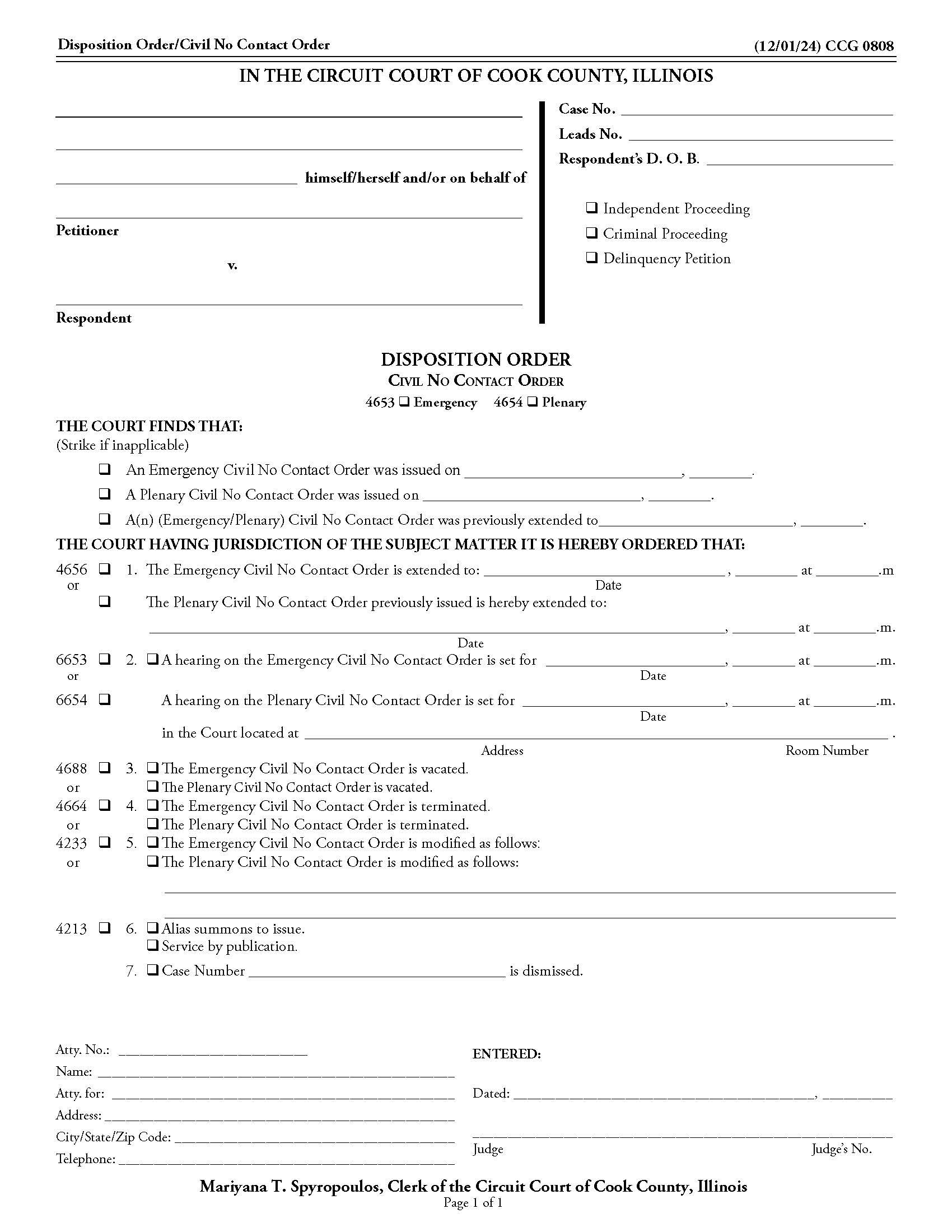Disposition Order - Civil No Contact Order {CCG 0808} | Pdf Fpdf Doc Docx | Illinois