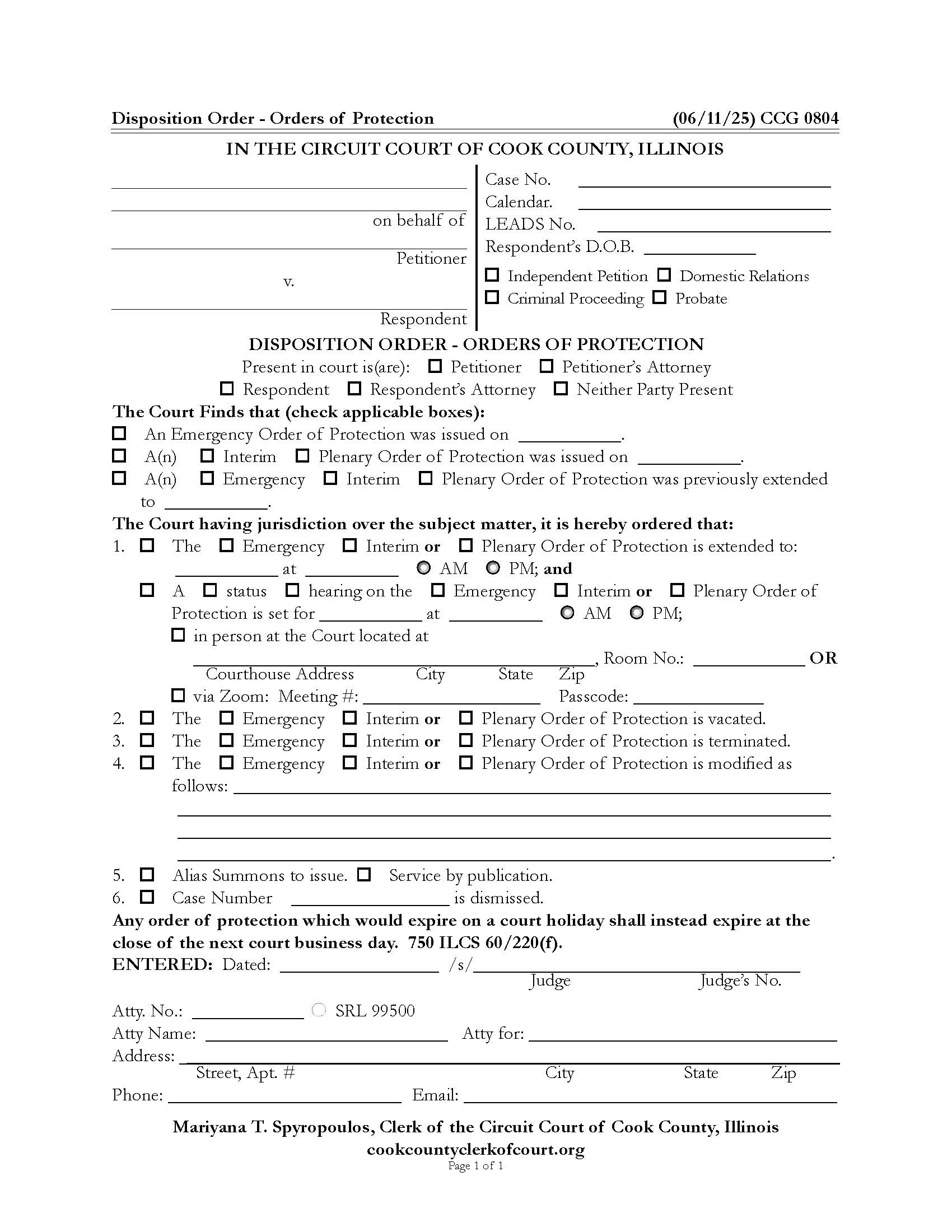 Disposition Order - Orders Of Protection {CCG 0804} | Pdf Fpdf Docx | Illinois