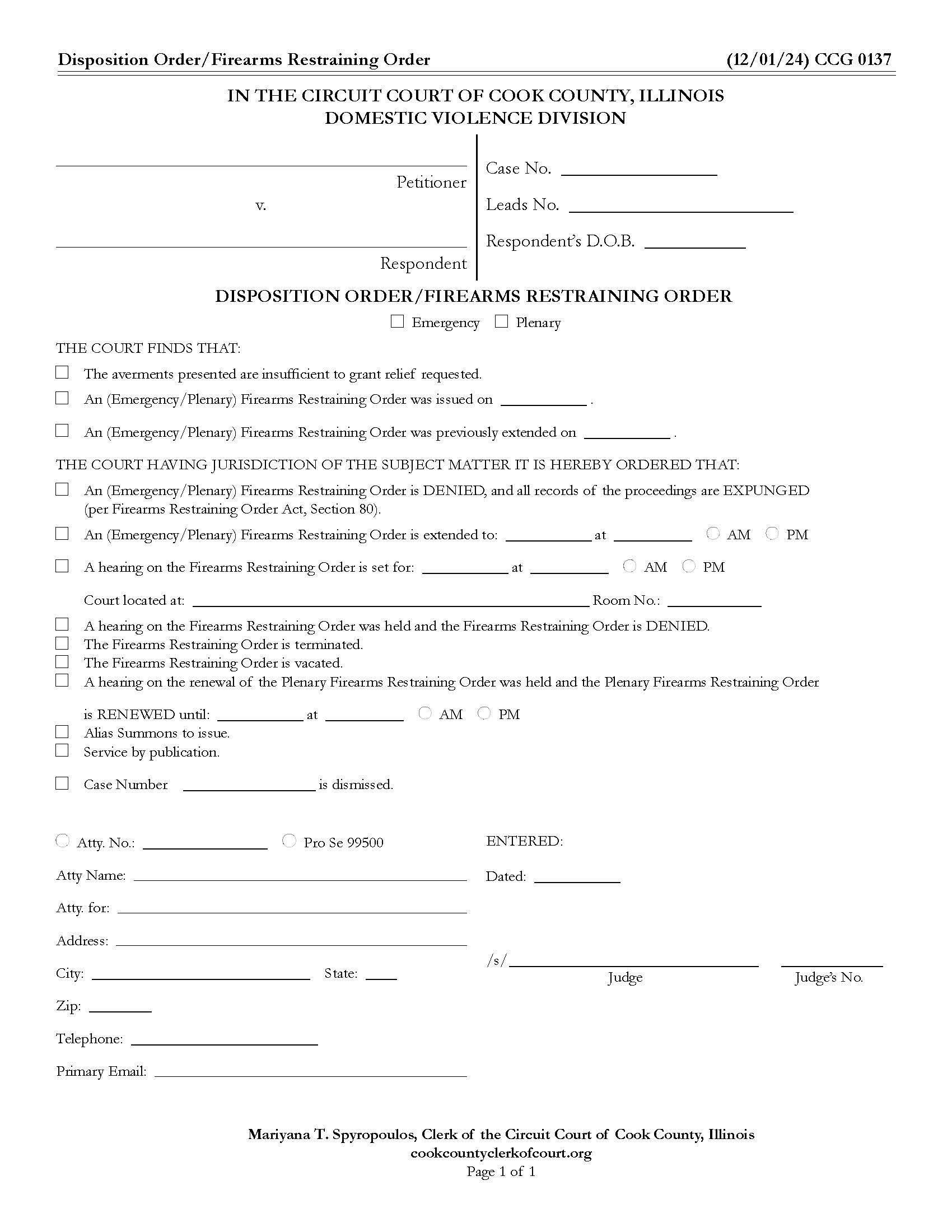 Disposition Order Firearms Restraining Order {CCG 0137} | Pdf Fpdf Docx | Illinois