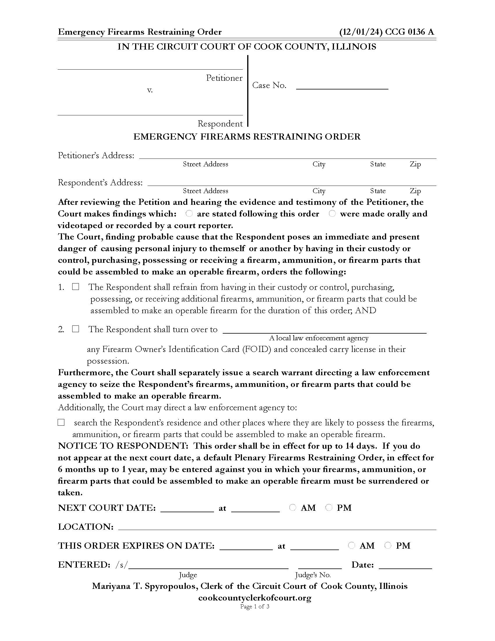 Emergency Firearms Restraining Order {CCG 0136} | Pdf Fpdf Docx | Illinois