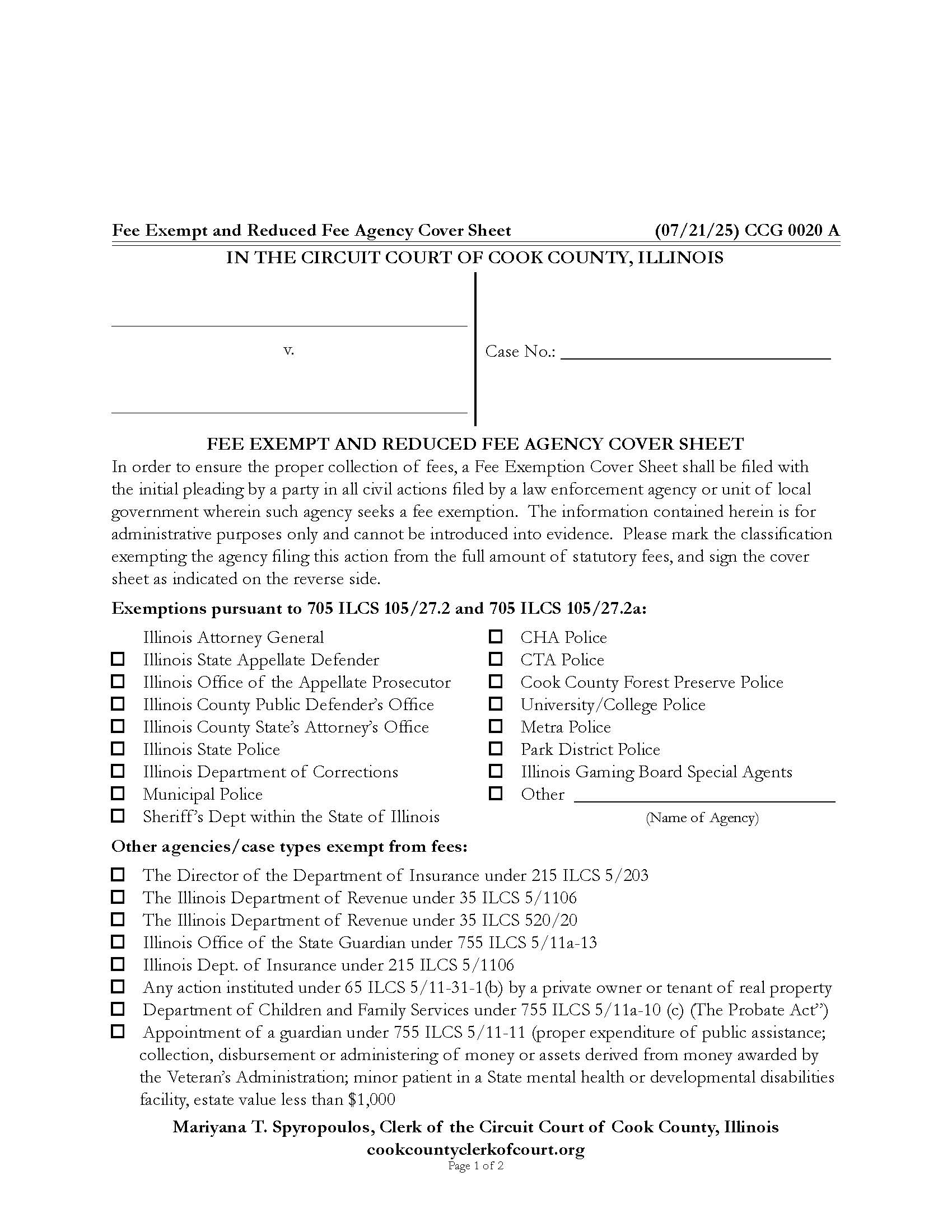 Fee Exempt Agency Cover Sheet {CCG 0020} | Pdf Fpdf Docx | Illinois
