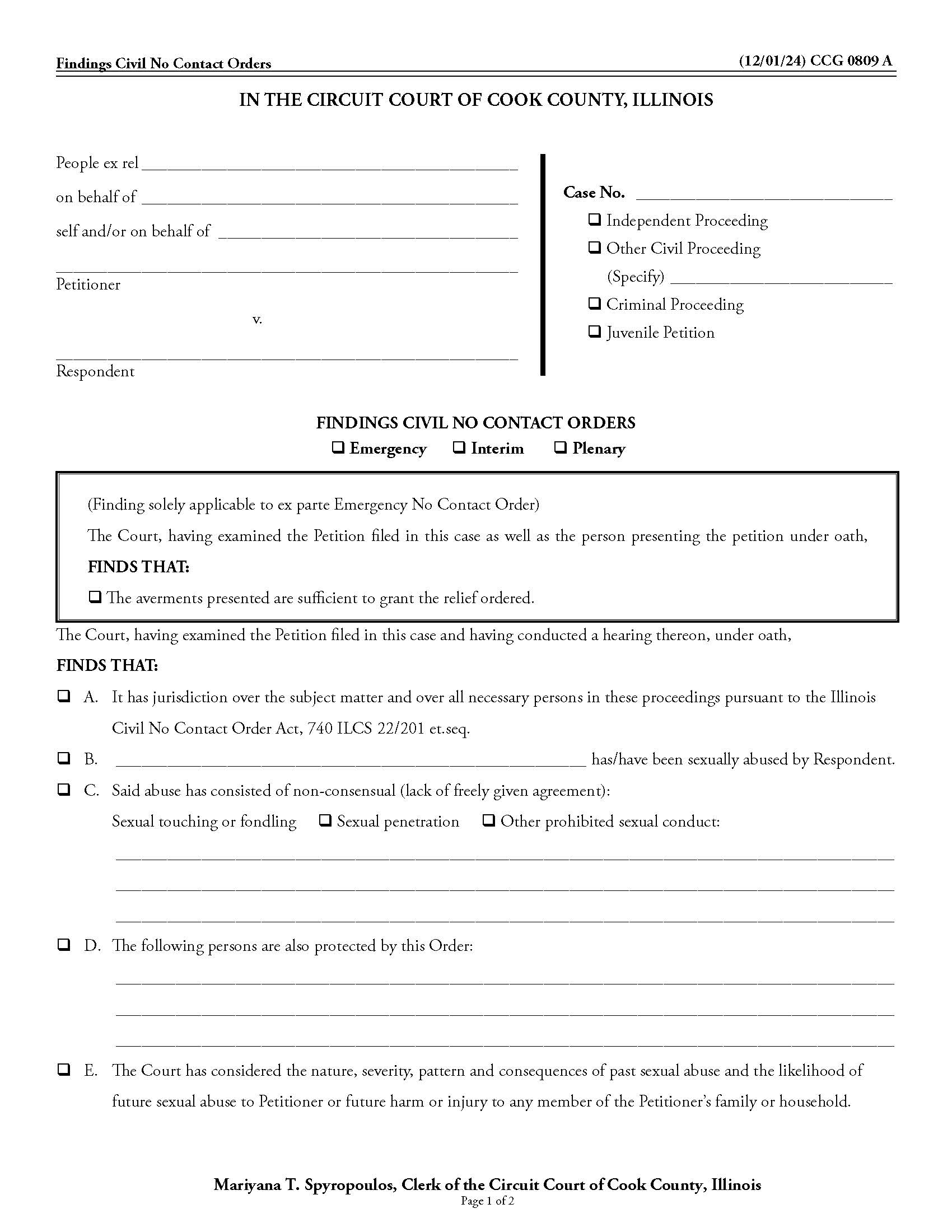 Findings Civil No Contact Orders {CCG 0809} | Pdf Fpdf Doc Docx | Illinois