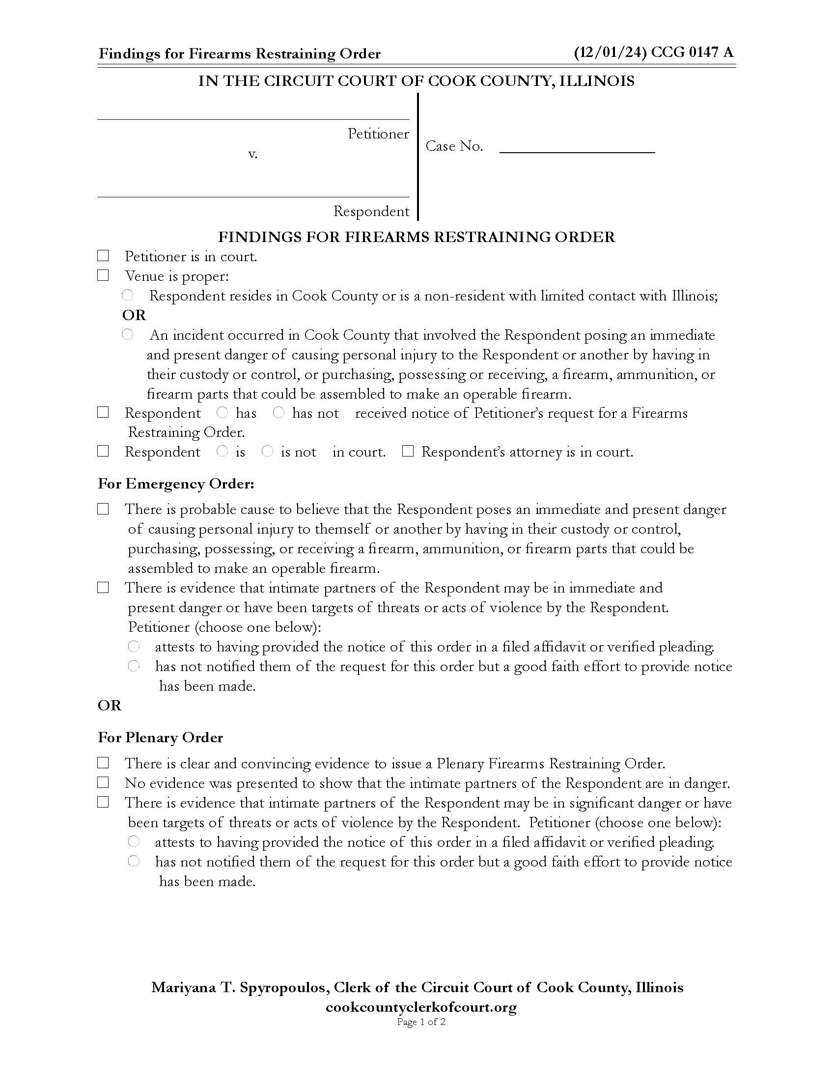 Findings For Firearms Restraining Order {CCG 0147} | Pdf Fpdf Docx | Illinois