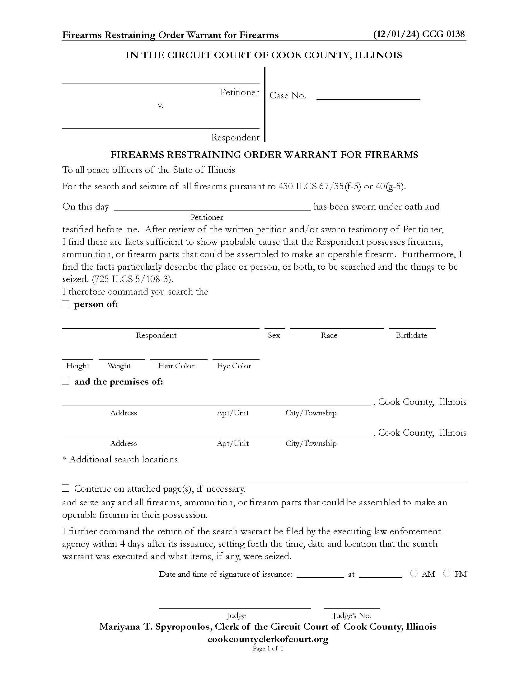 Firearms Restraining Order Warrant For Firearms {CCG 0138} | Pdf Fpdf Docx | Illinois