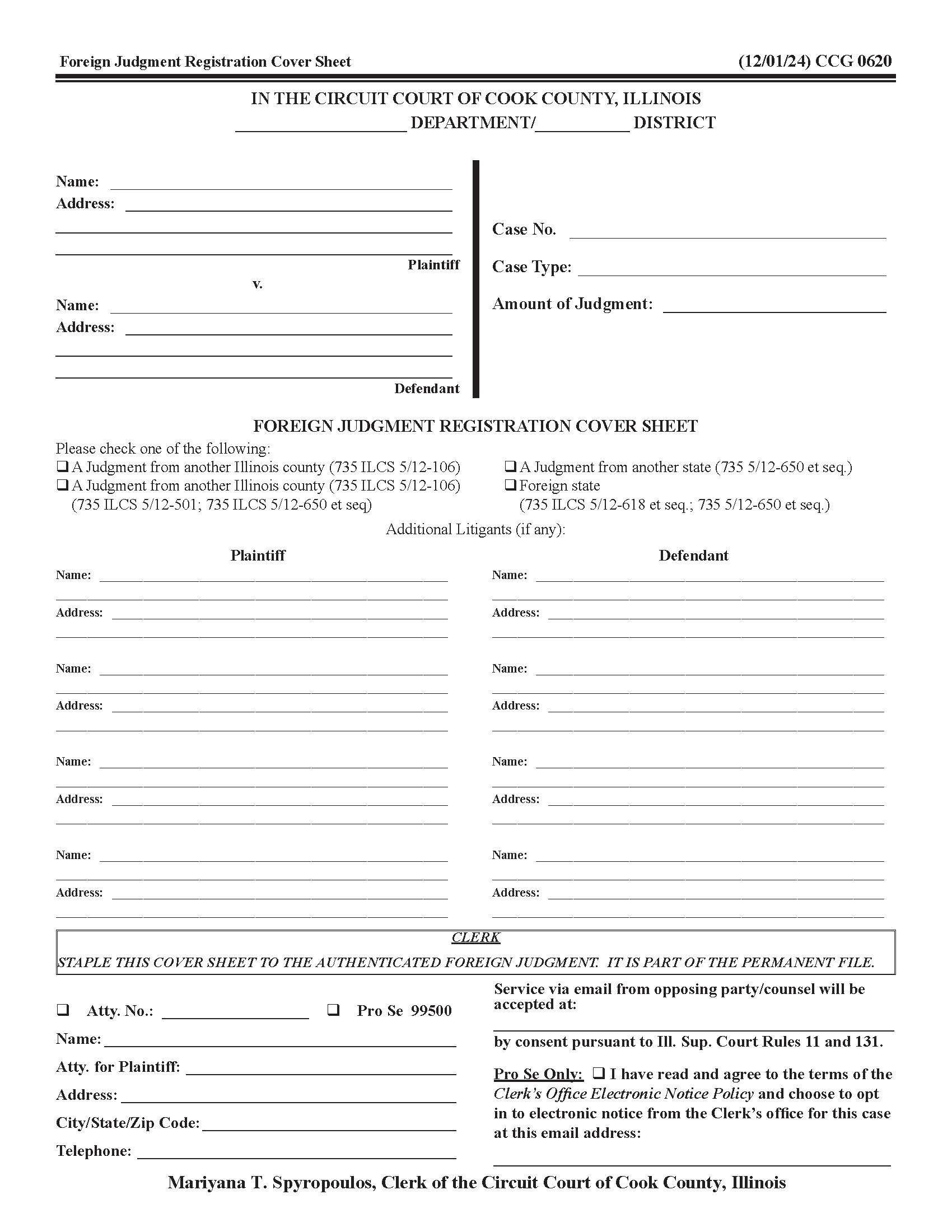 Foreign Judgment Registration Cover Sheet {CCG 0620} | Pdf Fpdf Docx | Illinois