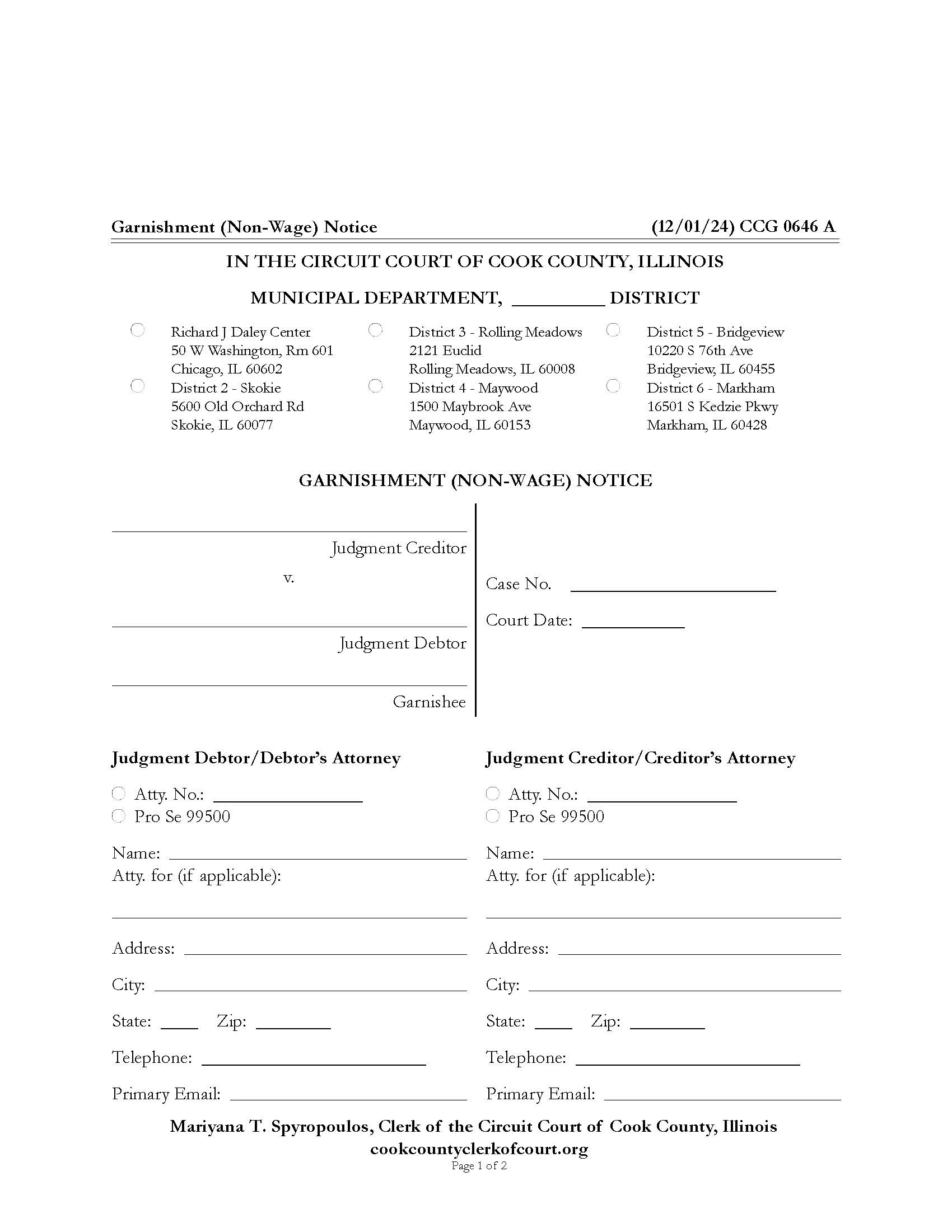 Garnishment (Non-Wage) Notice {CCG 0646} | Pdf Fpdf Doc Docx | Illinois