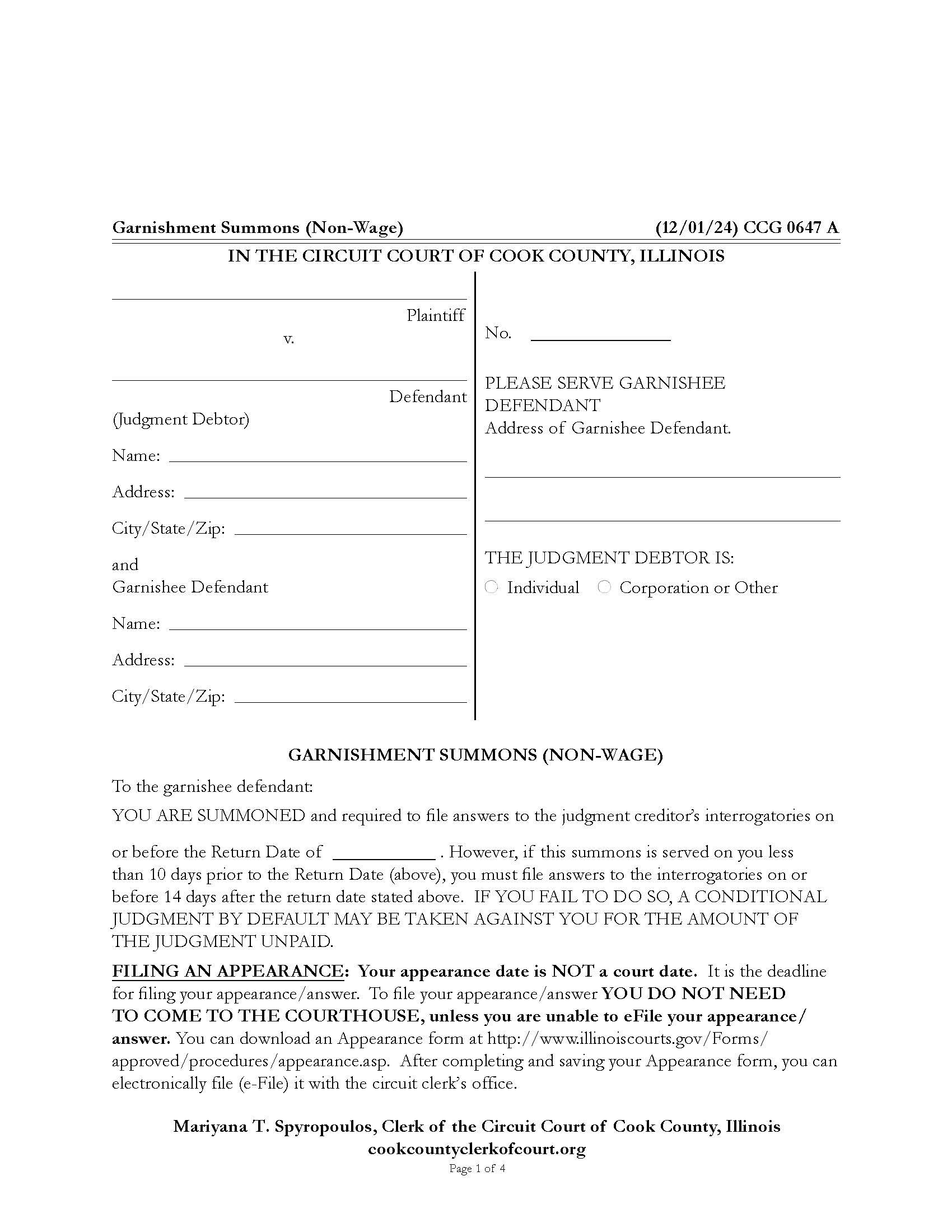 Garnishment Summons (Non-Wage) {CCG 0647} | Pdf Fpdf Docx | Illinois
