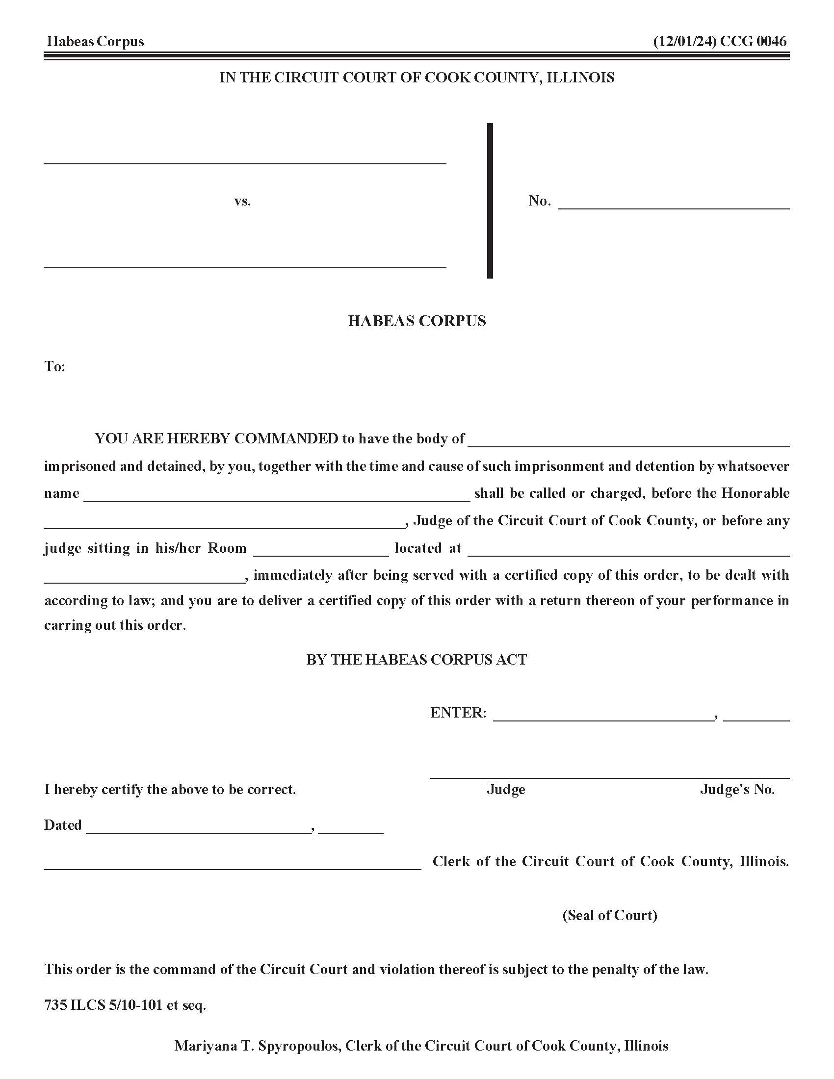 Habeas Corpus {CCG 0046} | Pdf Fpdf Doc Docx | Illinois