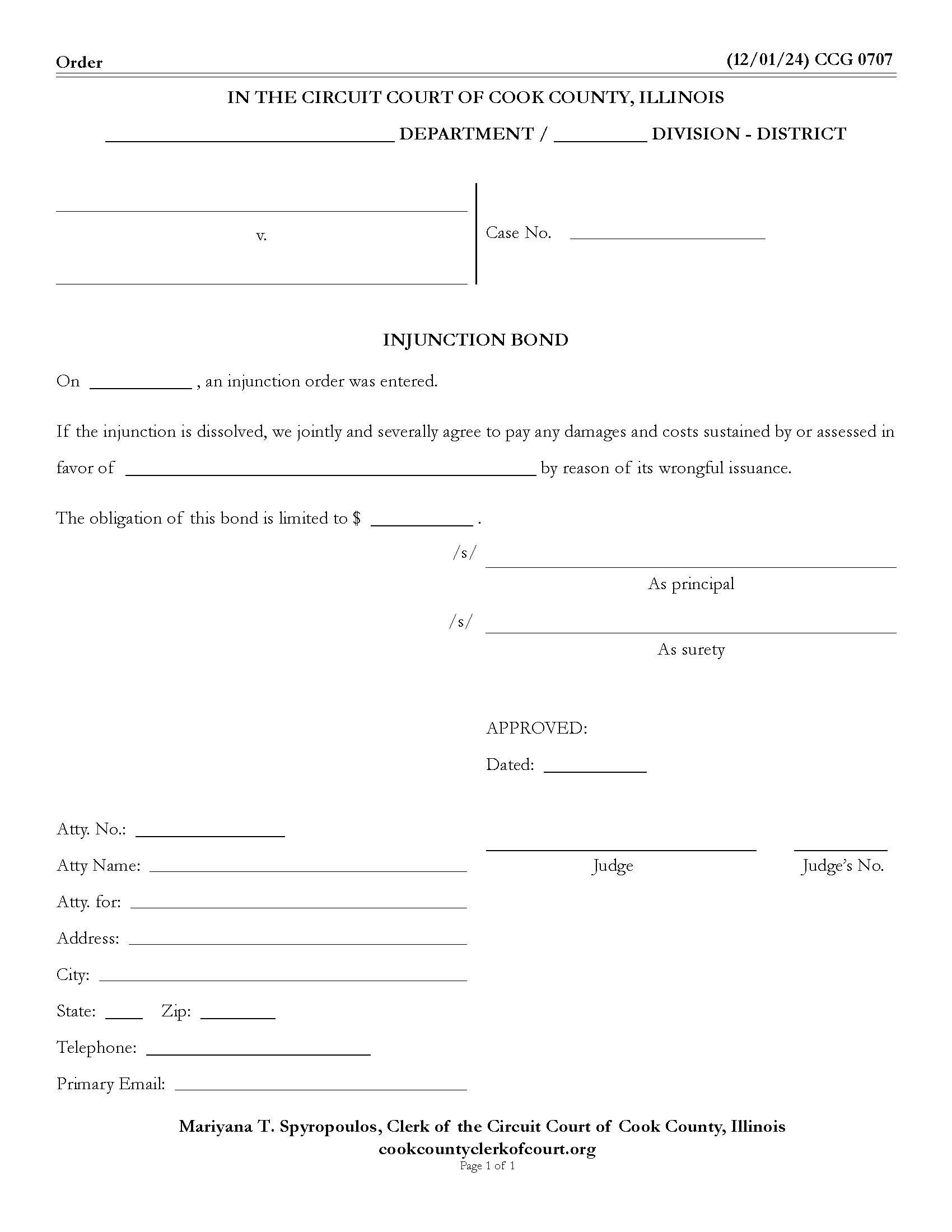 Injunction Bond {CCG 0707} | Pdf Fpdf Docx | Illinois