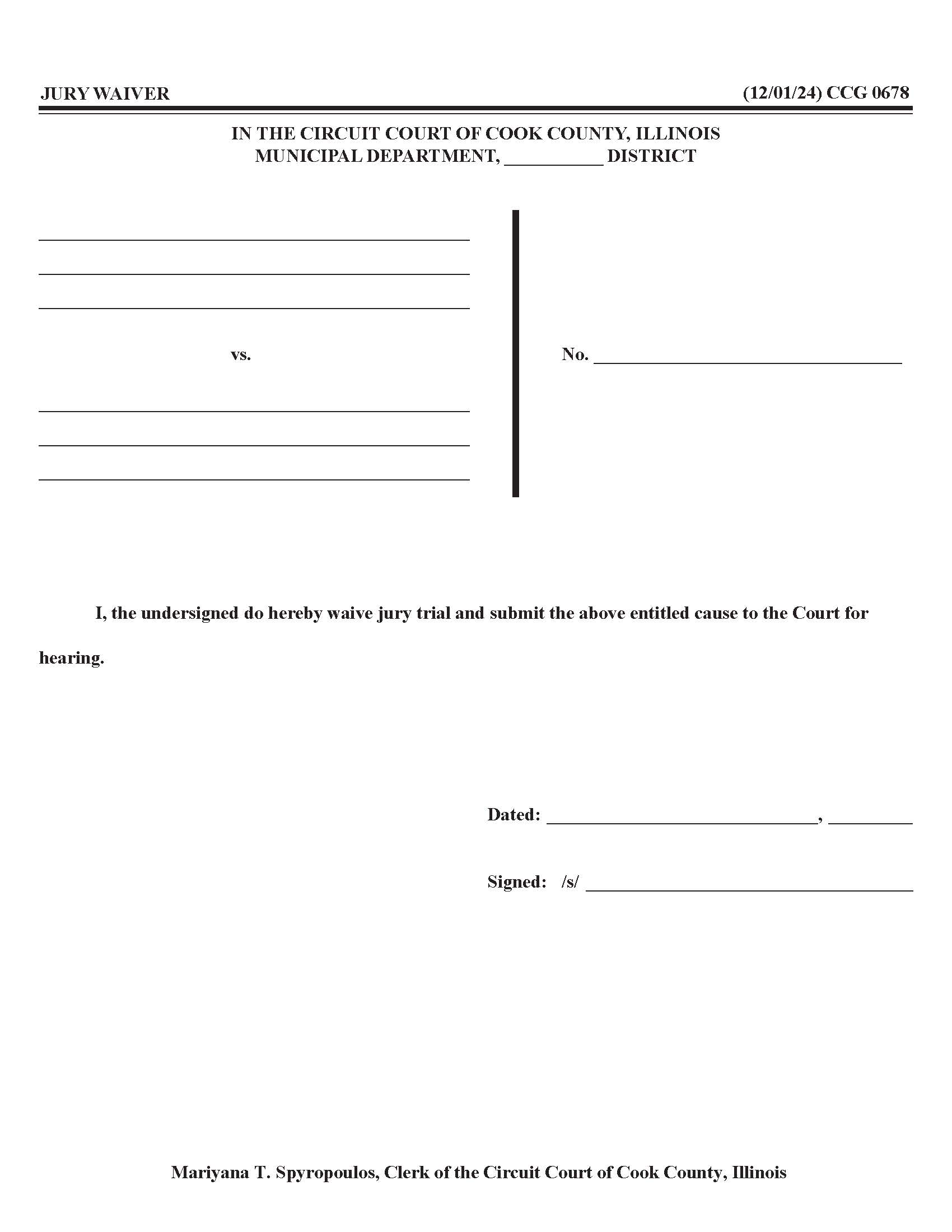 Jury Waiver {CCG 0678} | Pdf Fpdf Docx | Illinois