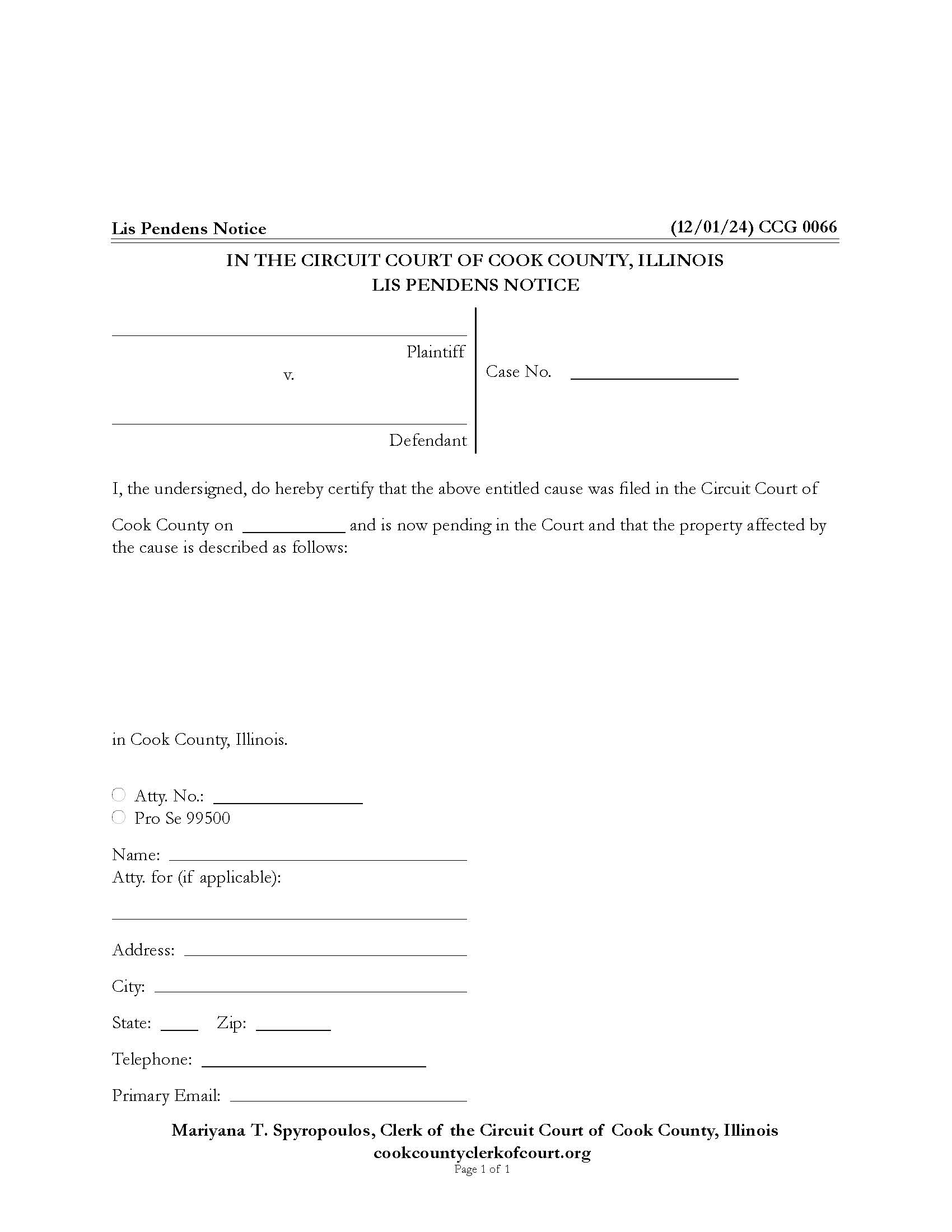 Lis Pendens Notice {CCG 0066} | Pdf Fpdf Docx | Illinois