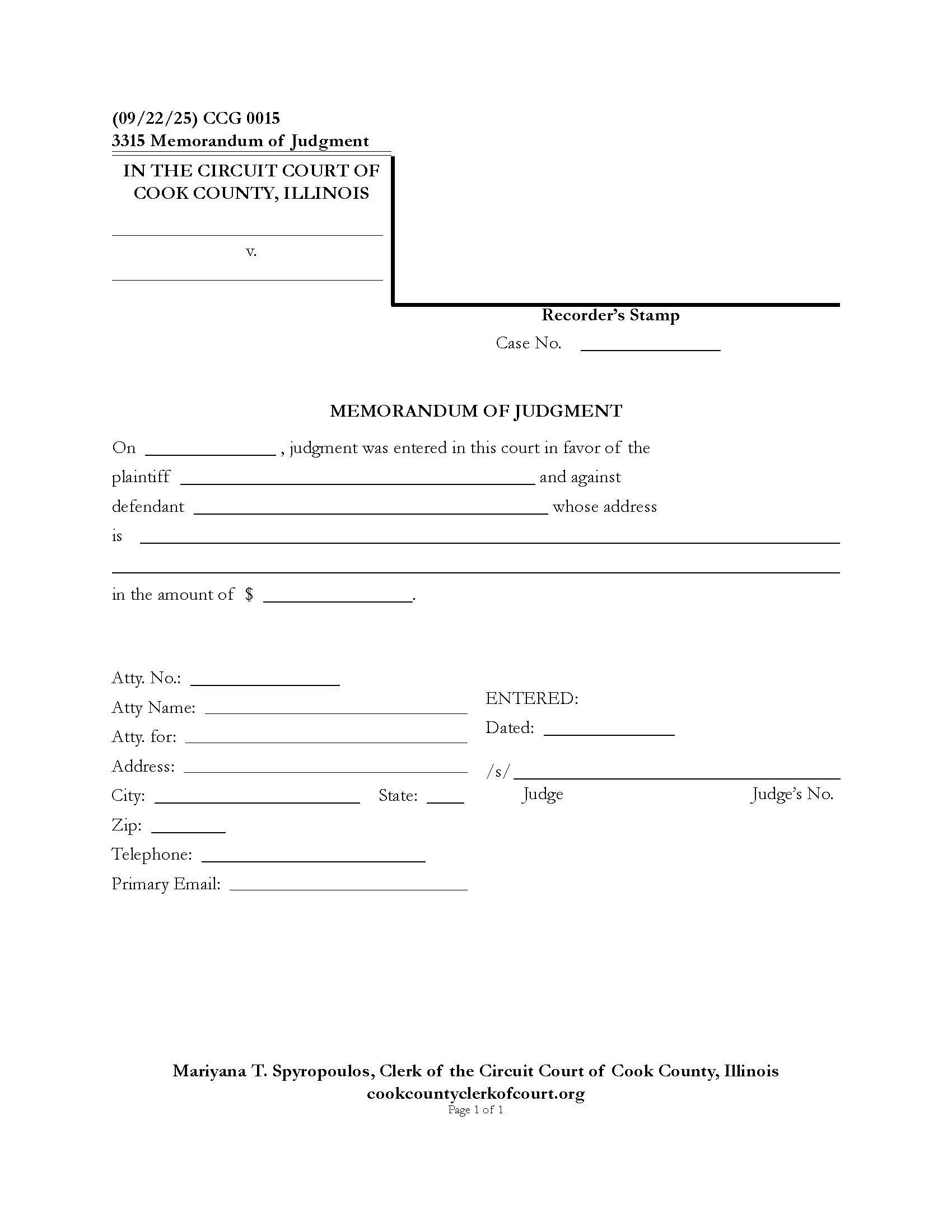 Memorandum Of Judgment {CCG 0015} | Pdf Fpdf Docx | Illinois
