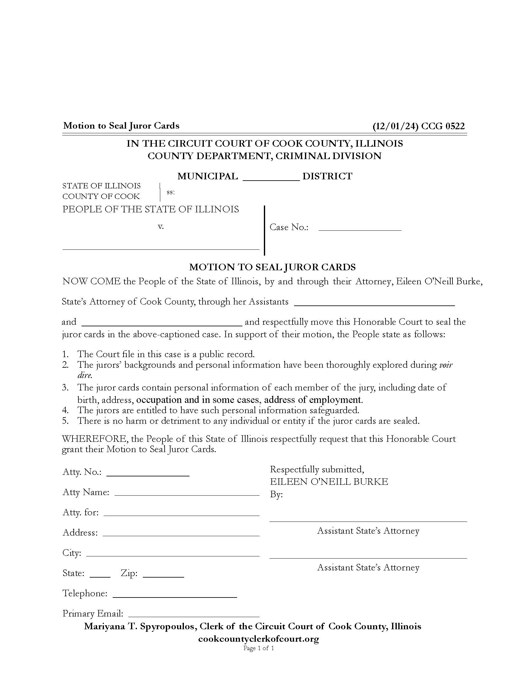 Motion To Seal Juror Cards {CCG 0522} | Pdf Fpdf Docx | Illinois