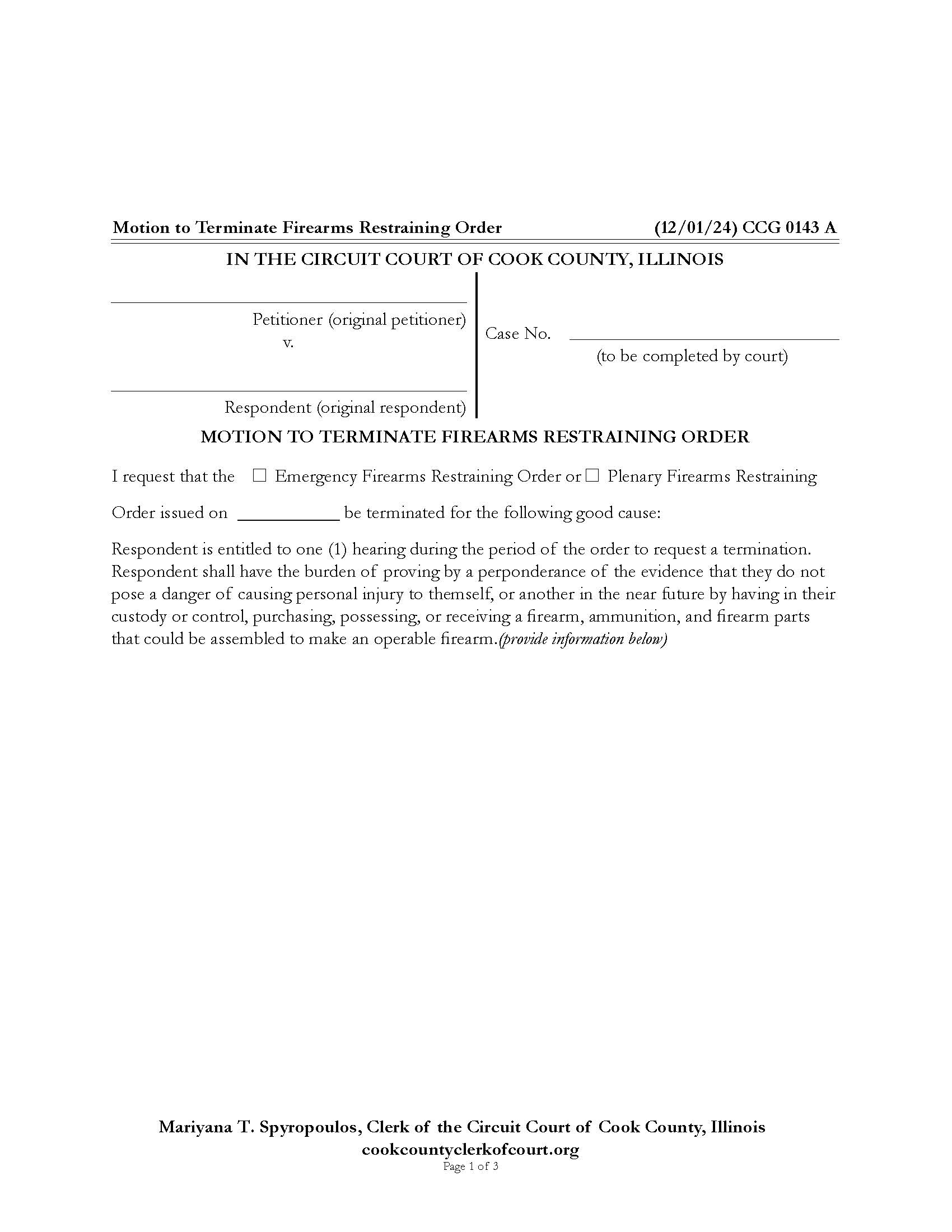 Motion To Terminate Firearms Restraining Order {CCG 0143} | Pdf Fpdf Docx | Illinois