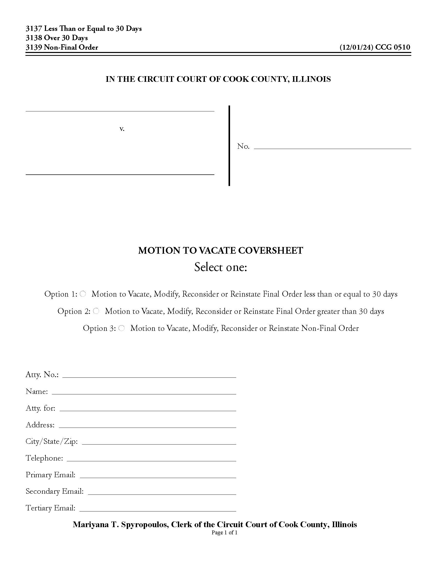 Motion To Vacate Cover Sheet {CCG 0510} | Pdf Fpdf Docx | Illinois