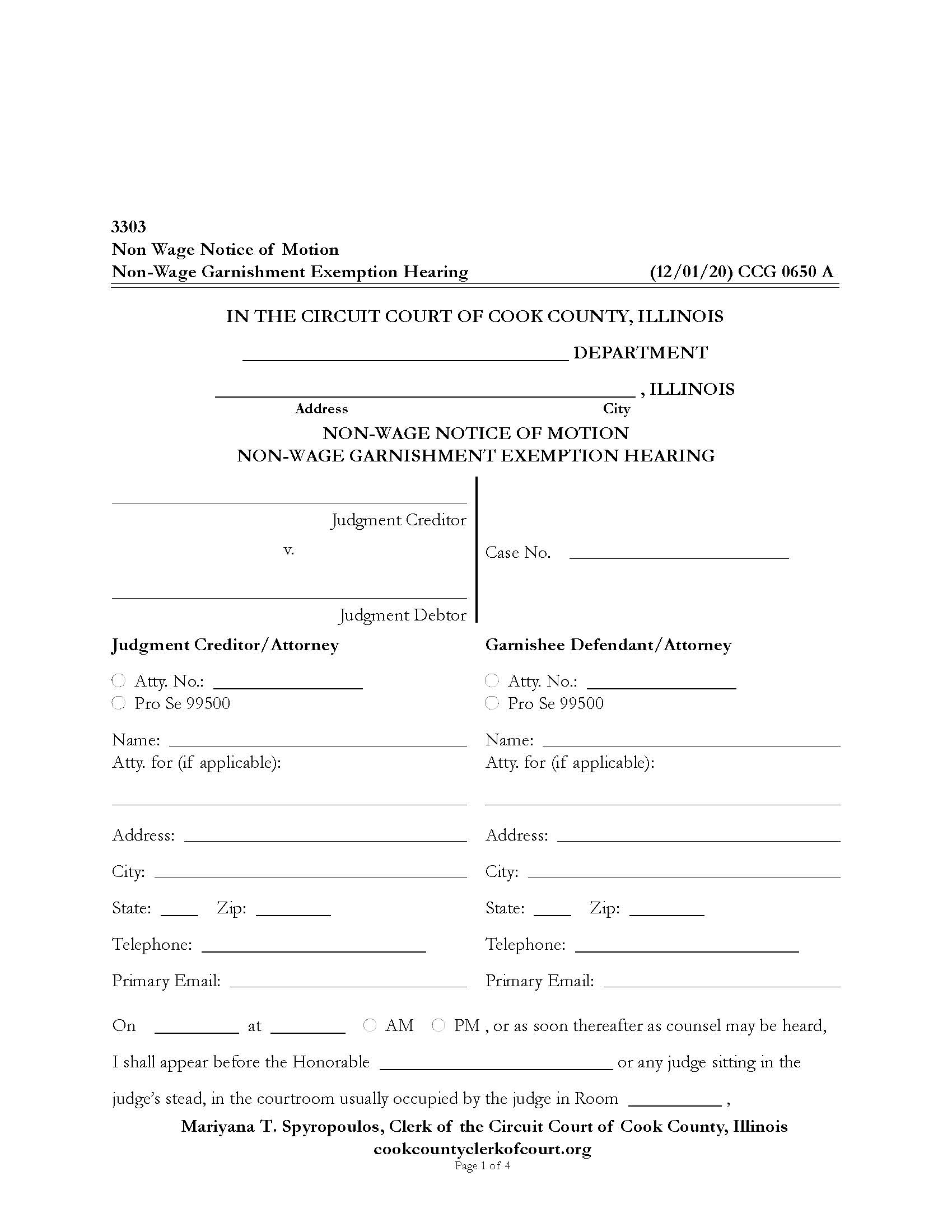 Non-Wage Notice Of Motion Non-Wage Garnishment Exemption Hearing {CCG 0650} | Pdf Fpdf Docx | Illinois