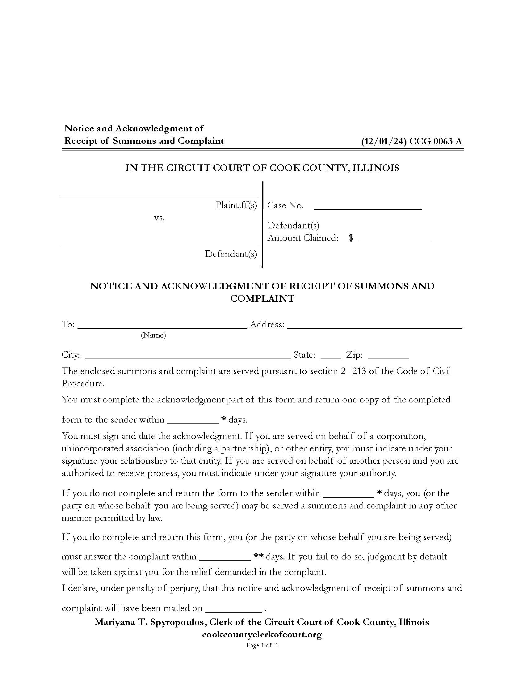 Notice And Acknowledgment Of Receipt Of Summons And Complaint {CCG 0063} | Pdf Fpdf Docx | Illinois