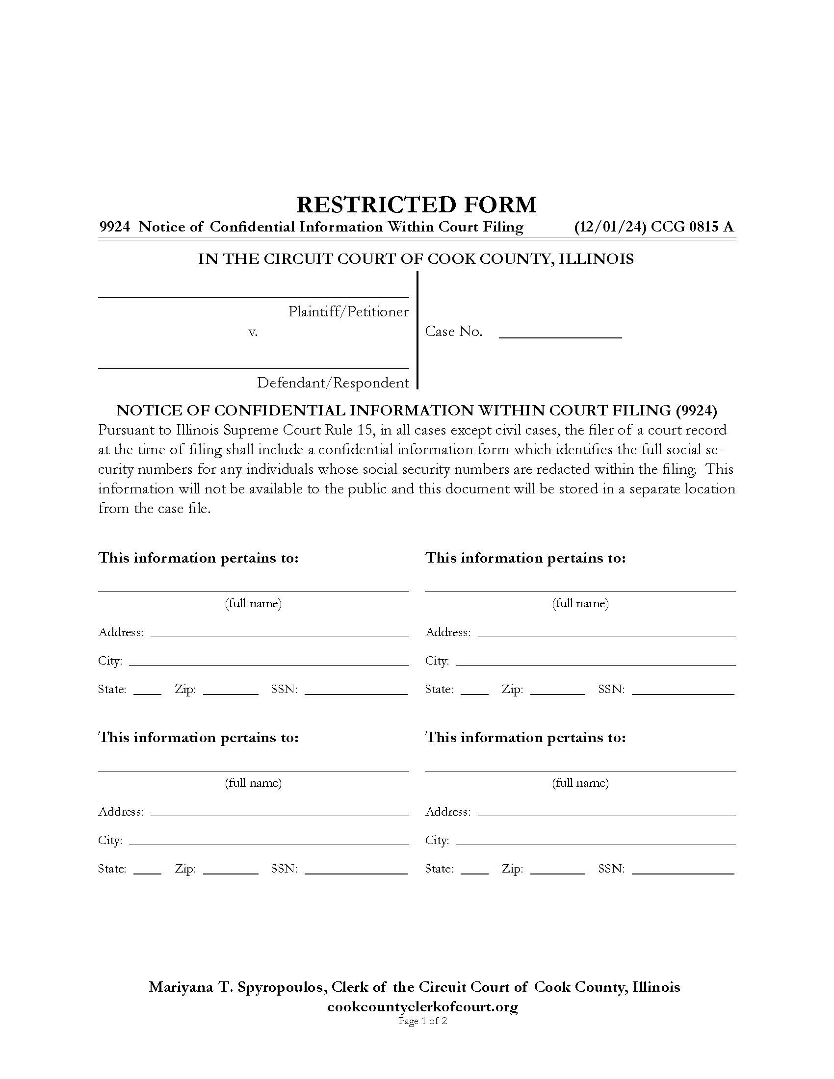 Notice Of Confidential Information Within Court Filing {CCG 0815} | Pdf Fpdf Docx | Illinois