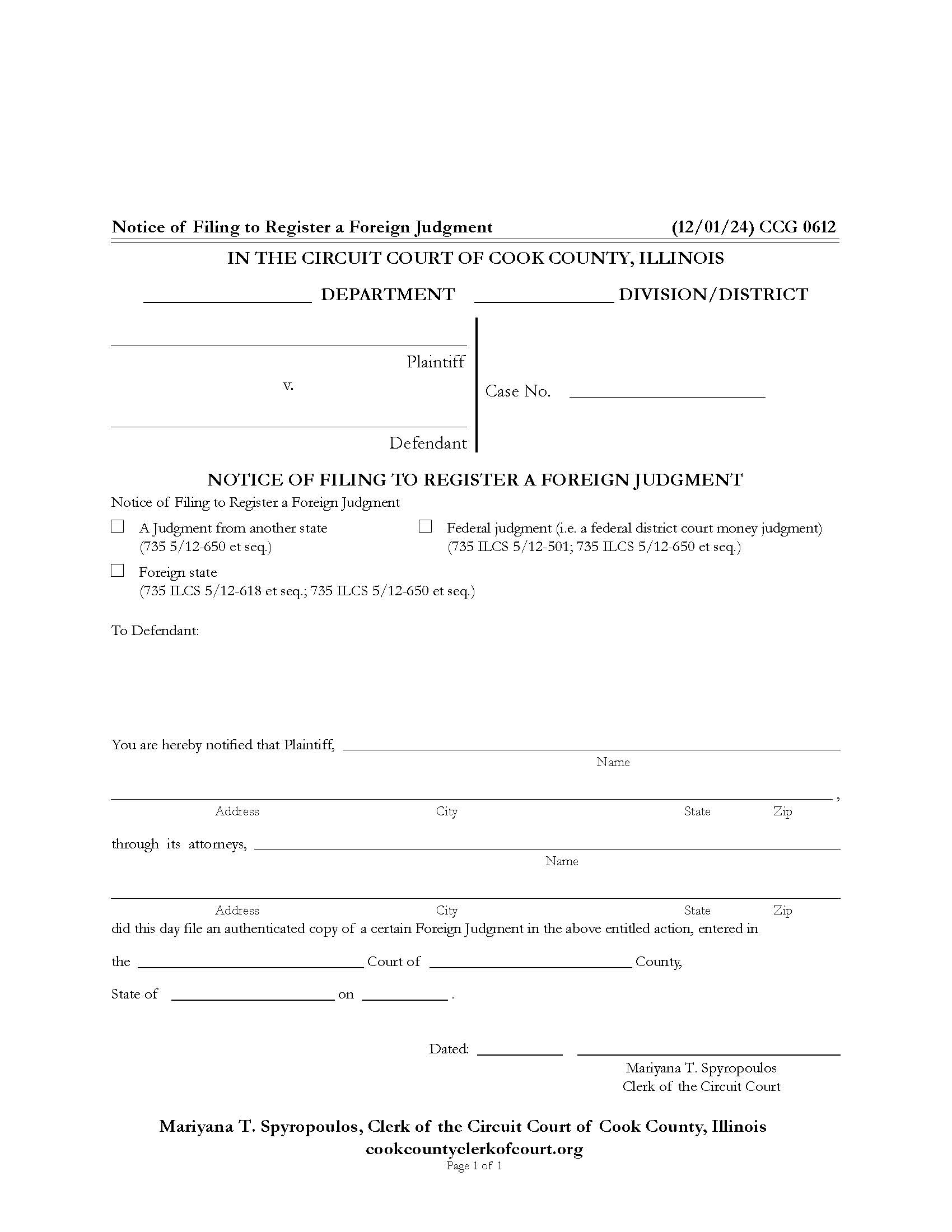 Notice Of Filing To Register A Foreign Judgment {CCG 0612} | Pdf Fpdf Docx | Illinois