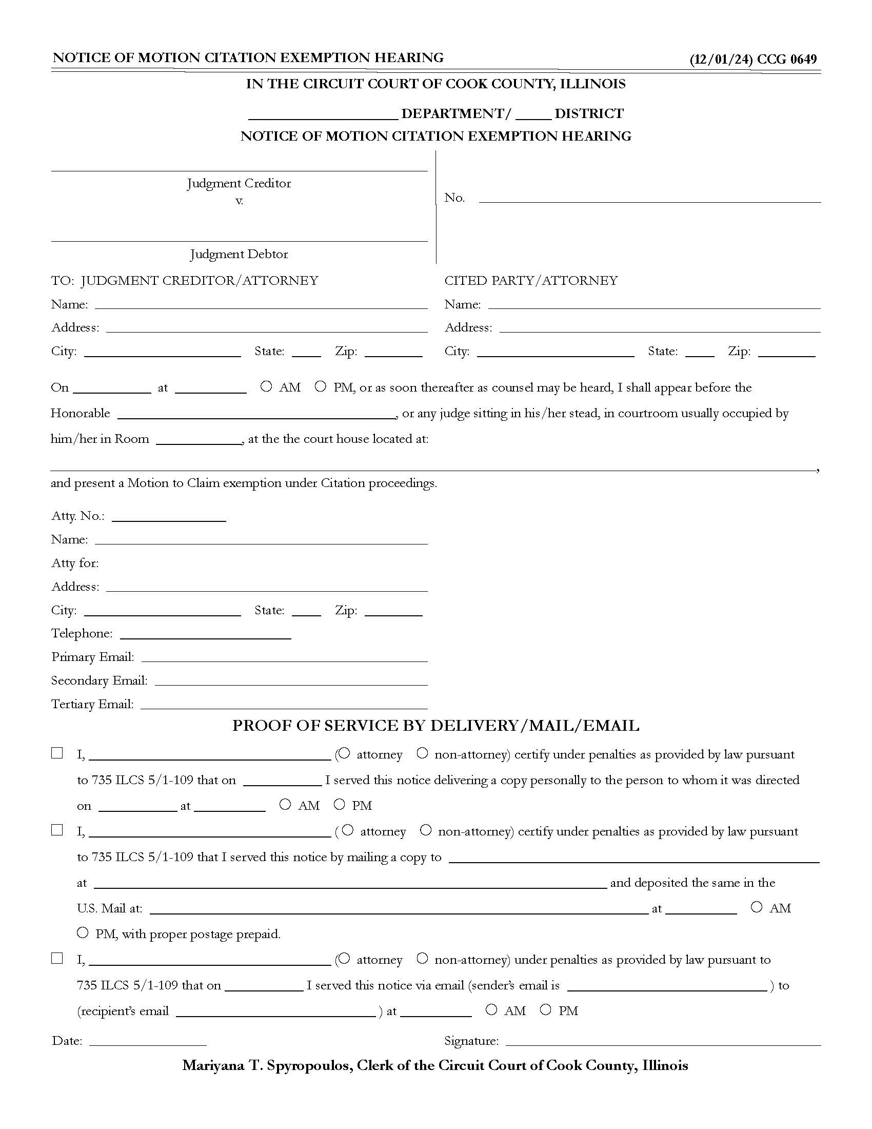 Notice Of Motion Citation Exemption Hearing {CCG 0649} | Pdf Fpdf Doc Docx | Illinois