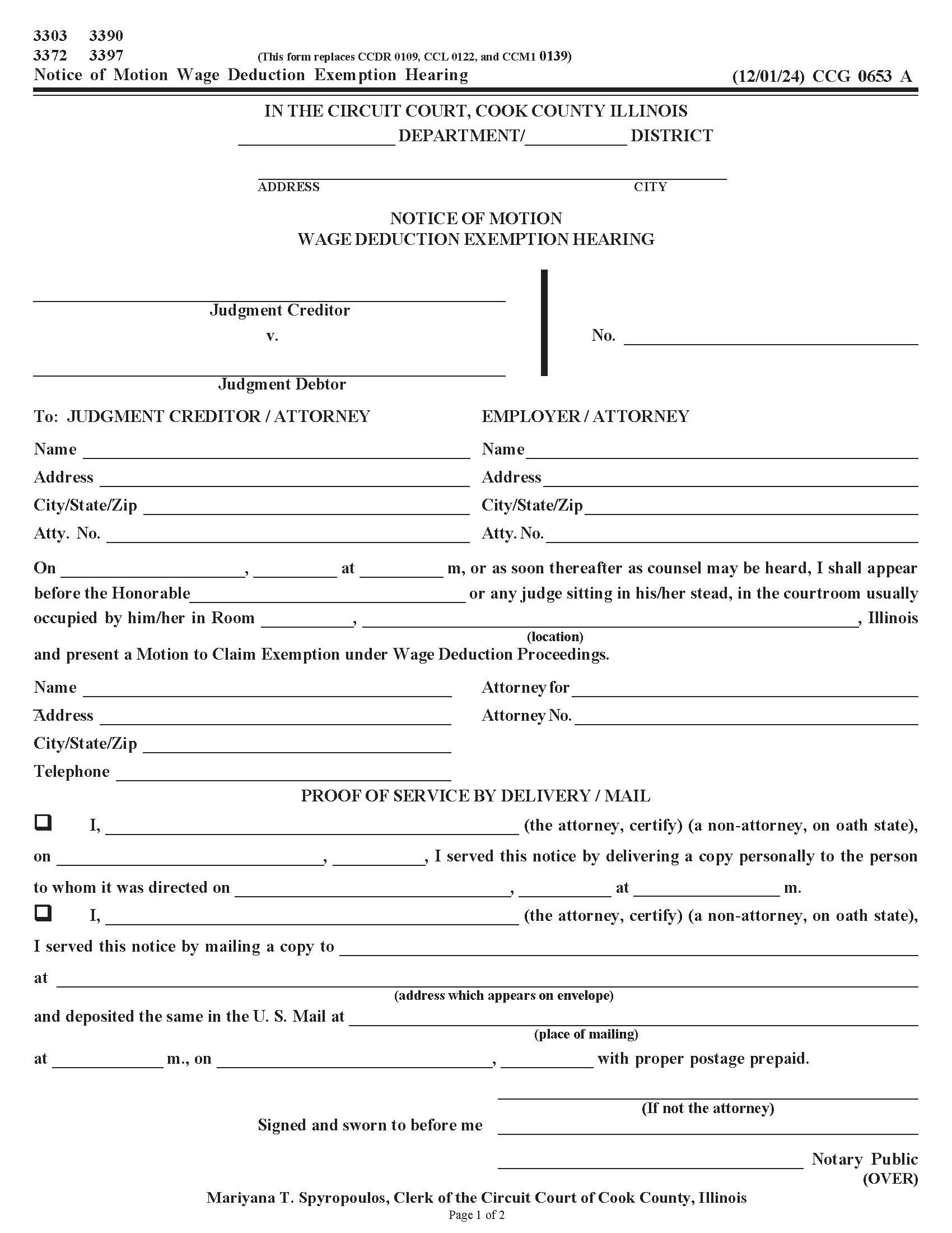 Notice Of Motion Wage Deduction Exemption Hearing {CCG 0653} | Pdf Fpdf Doc Docx | Illinois