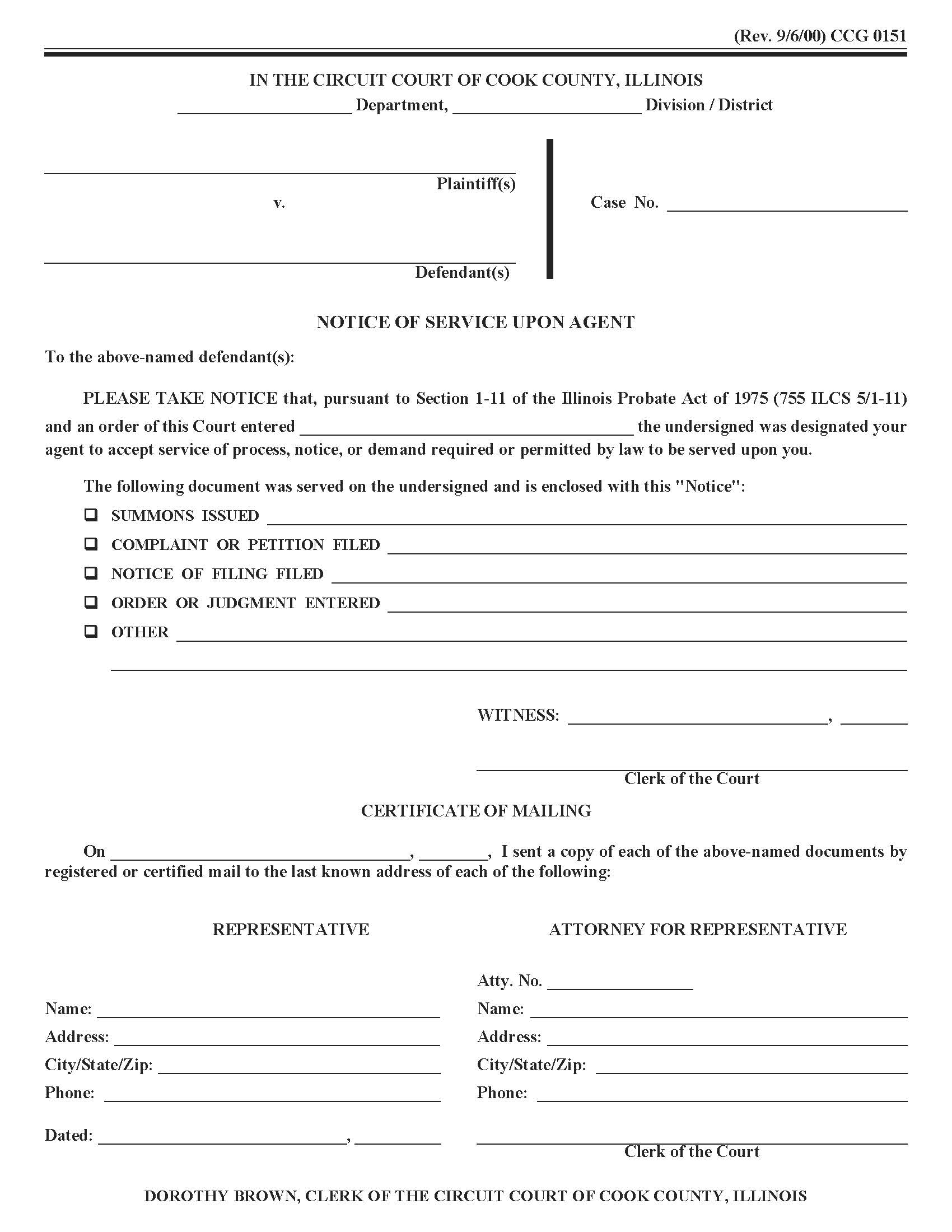 Notice Of Service Upon Agent {CCG 0151} | Pdf Fpdf Doc Docx | Illinois