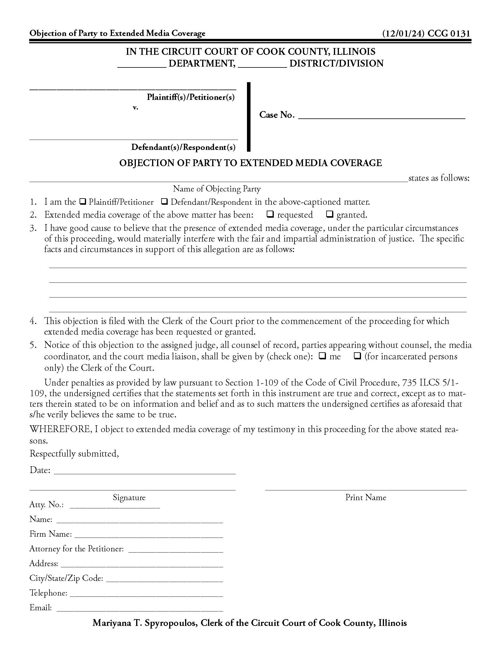 Objection Of Party To Extended Media Coverage {CCG 0131} | Pdf Fpdf Docx | Illinois