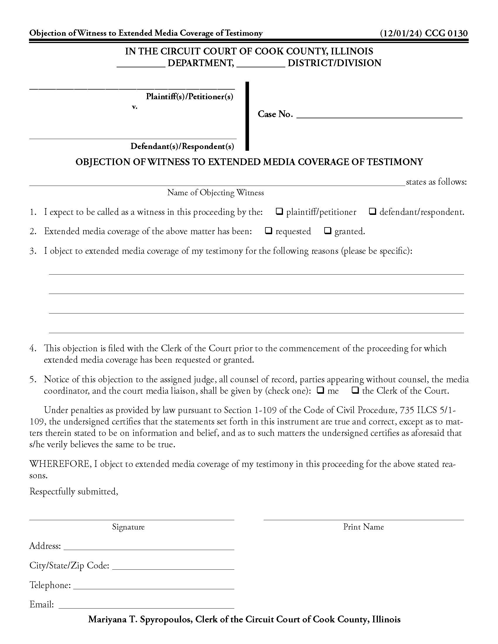 Objection Of Witness To Extended Media Coverage Of Testimony {CCG 0130} | Pdf Fpdf Docx | Illinois