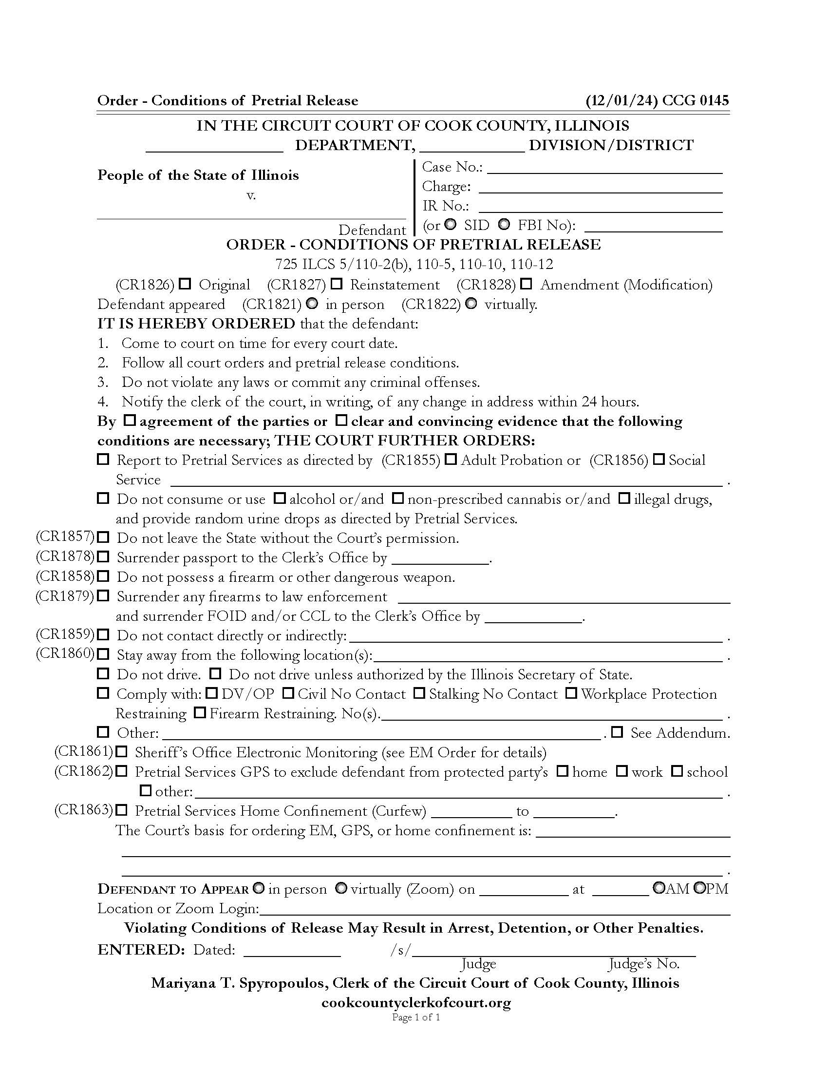 Order - Conditions Of Pretrial Release {CCG 0145} | Pdf Fpdf Docx | Illinois
