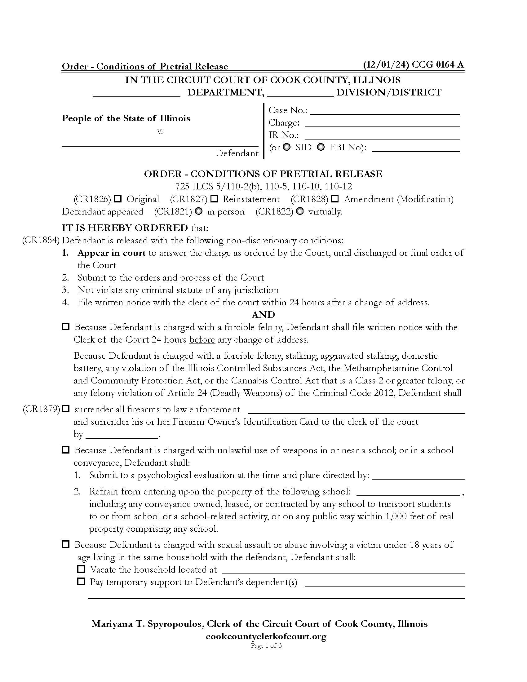 Order - Conditions Of Pretrial Release {CCG 0164} | Pdf Fpdf Docx | Illinois