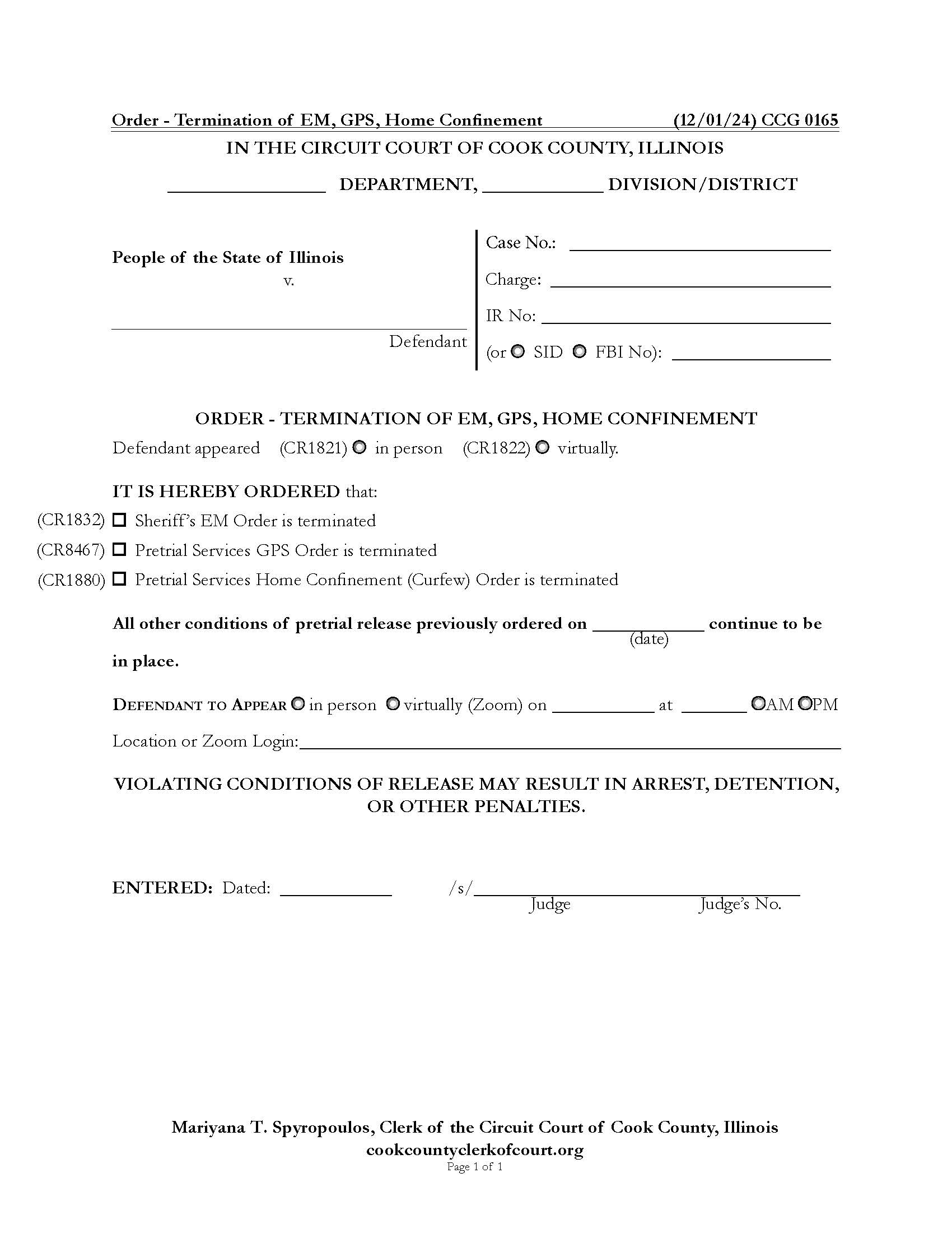 Order - Termination Of EM GPS Home Confinement {CCG 0165} | Pdf Fpdf Docx | Illinois