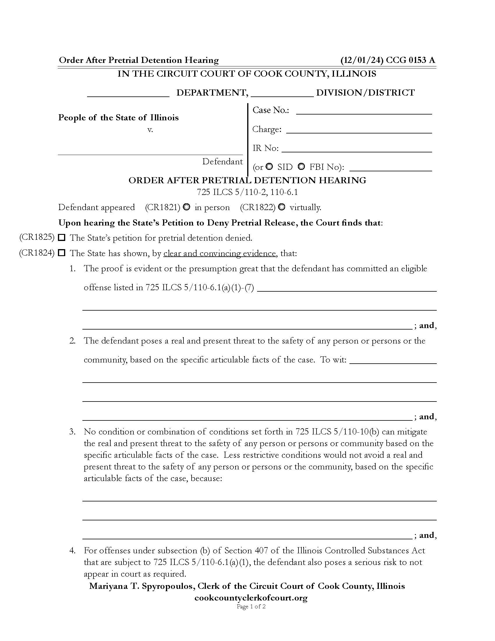 Order After Pretrial Detention Hearing {CCG 0153} | Pdf Fpdf Docx | Illinois