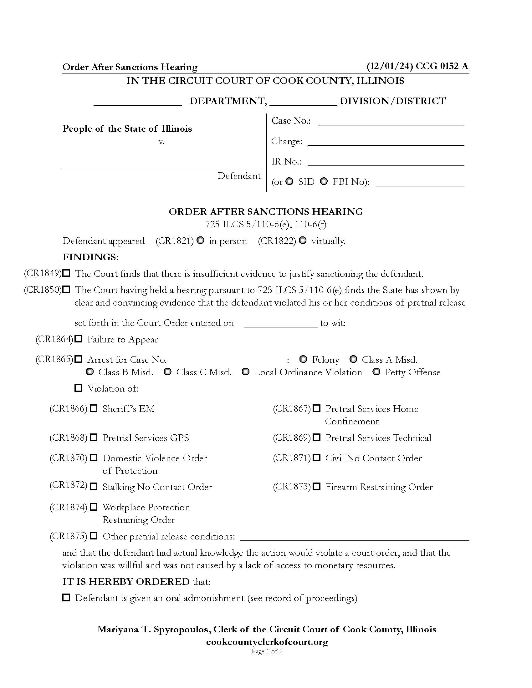 Order After Sanctions Hearing {CCG 0152} | Pdf Fpdf Docx | Illinois