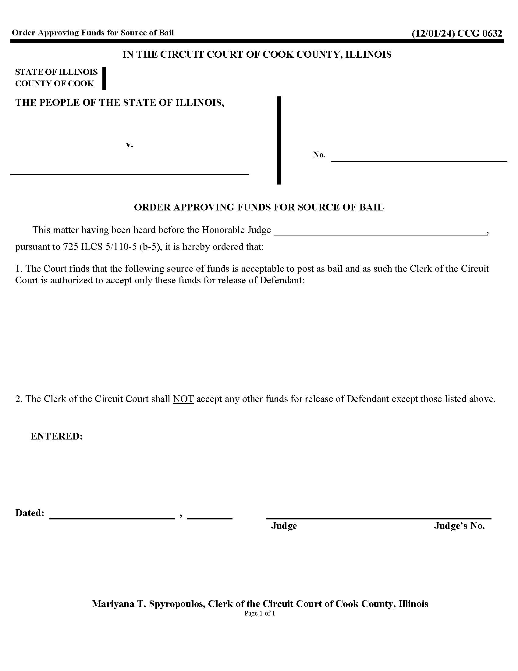 Order Approving Funds For Source Of Bail {CCG 0632} | Pdf Fpdf Doc Docx | Illinois