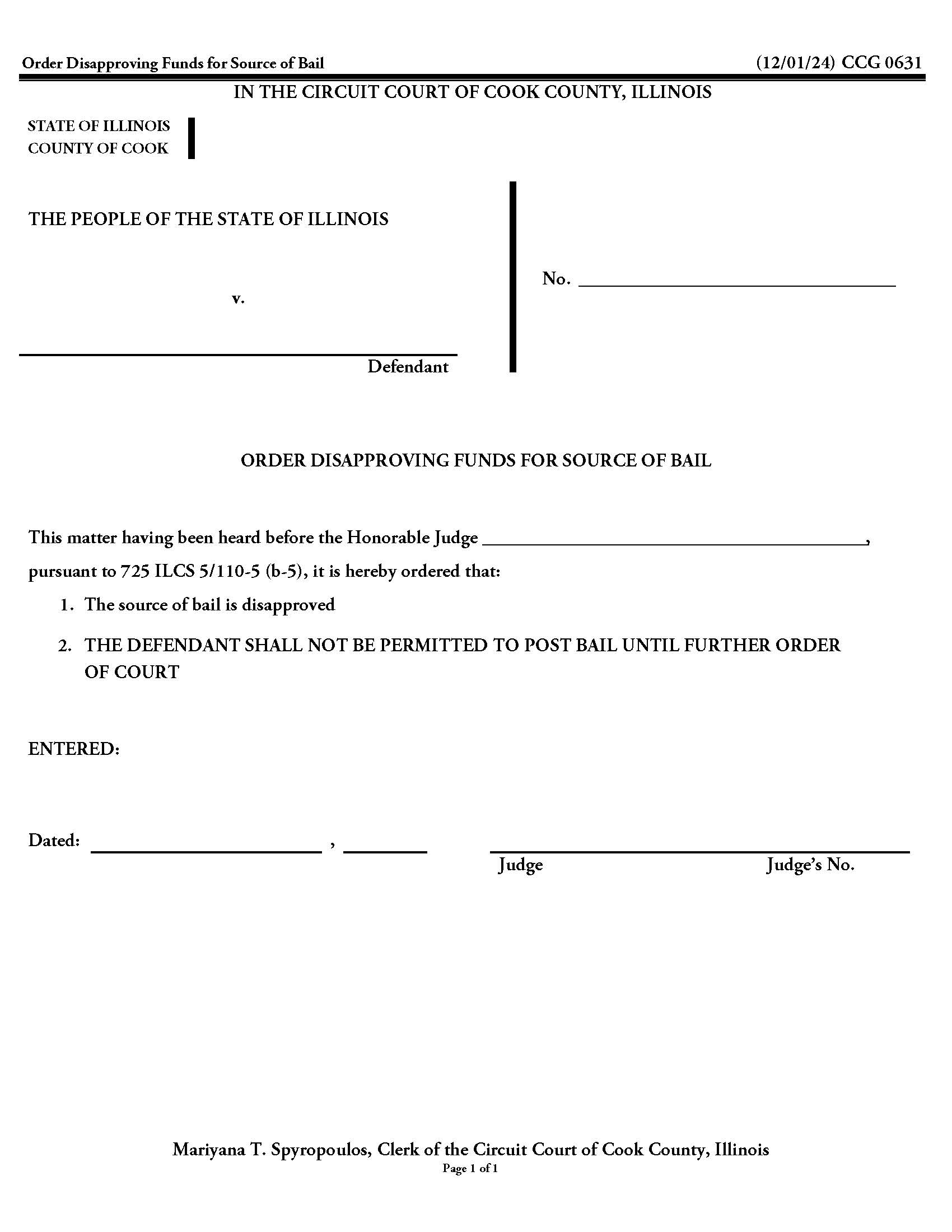 Order Disapproving Funds For Source Of Bail {CCG 0631} | Pdf Fpdf Docx | Illinois