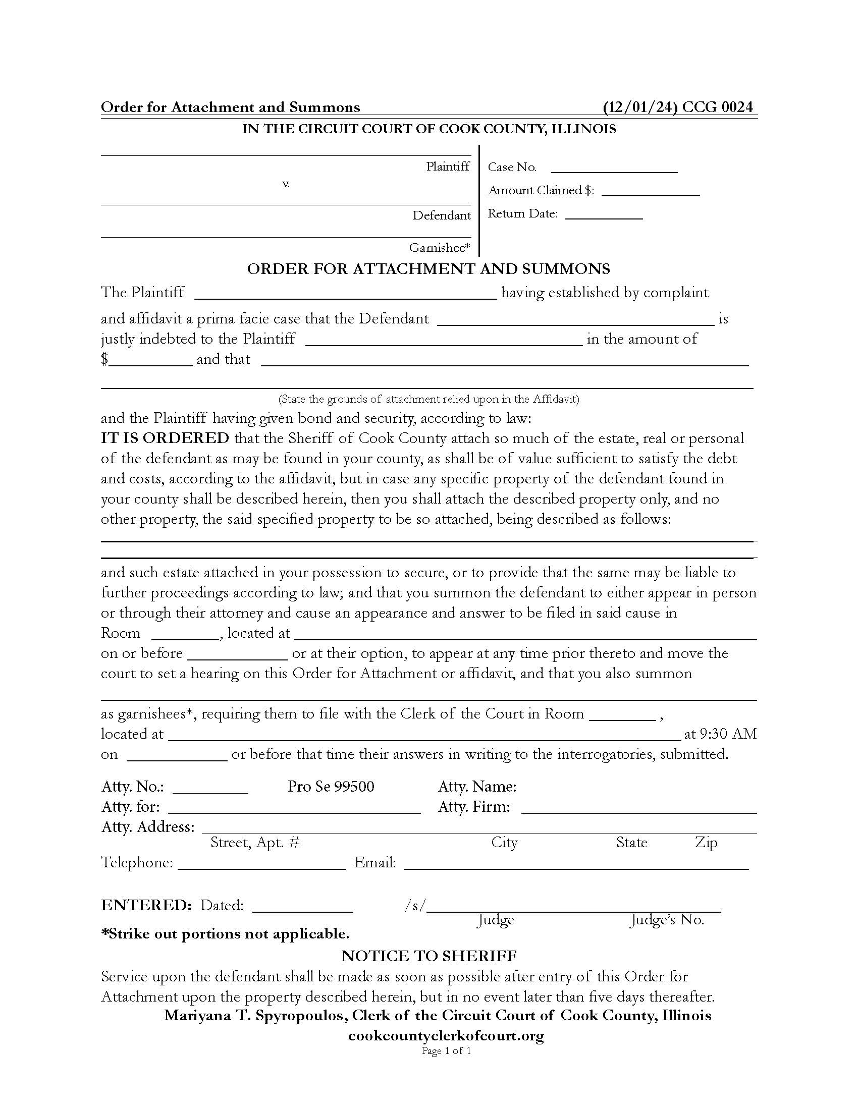 Order For Attachment And Summons {CCG 0024} | Pdf Fpdf Docx | Illinois