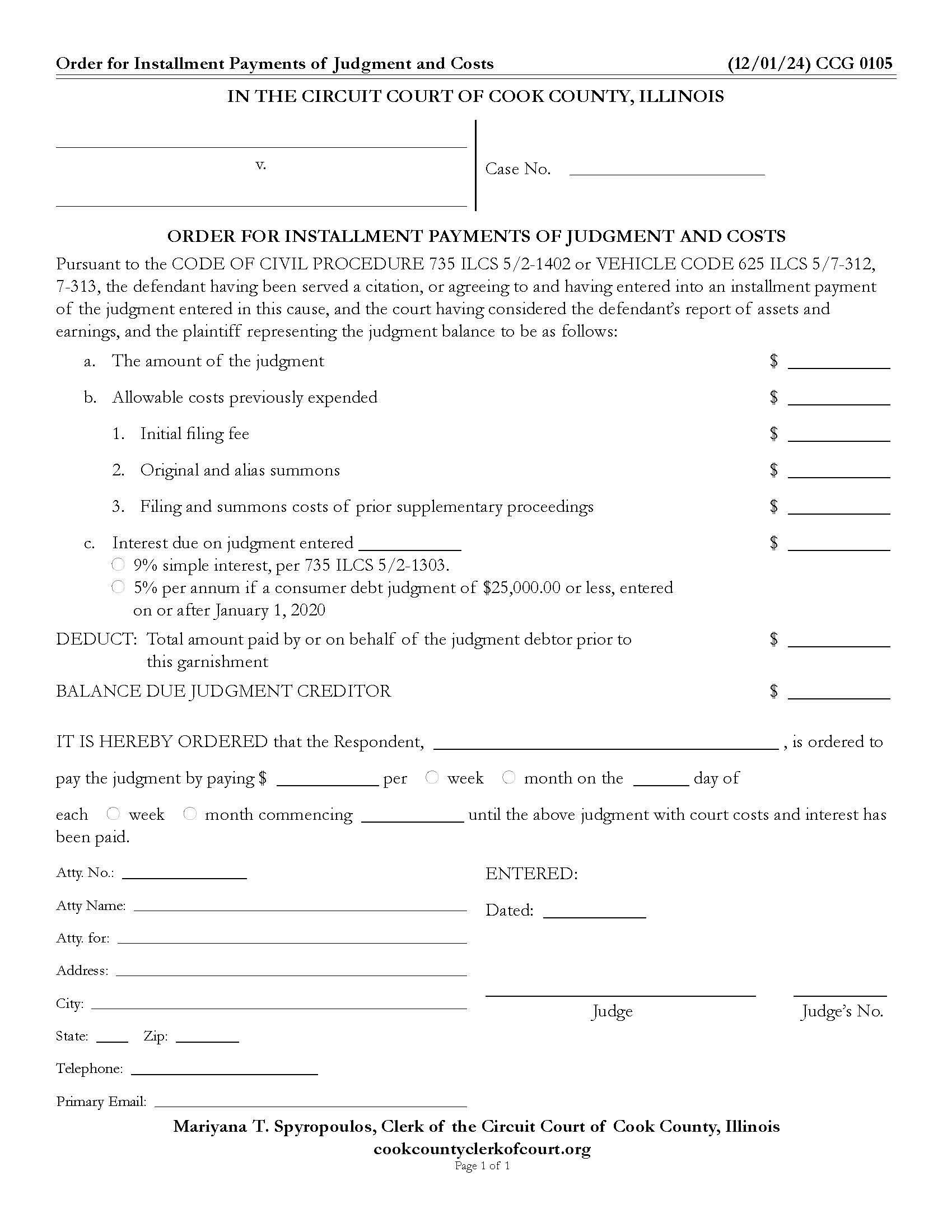 Order For Installment Payments Of Judgment And Costs {CCG 0105} | Pdf Fpdf Doc Docx | Illinois