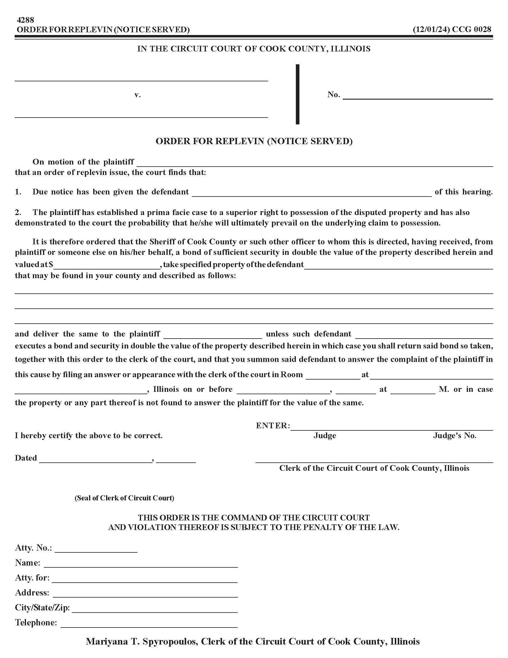 Order For Replevin (Notice Served) {CCG 0028} | Pdf Fpdf Doc Docx | Illinois