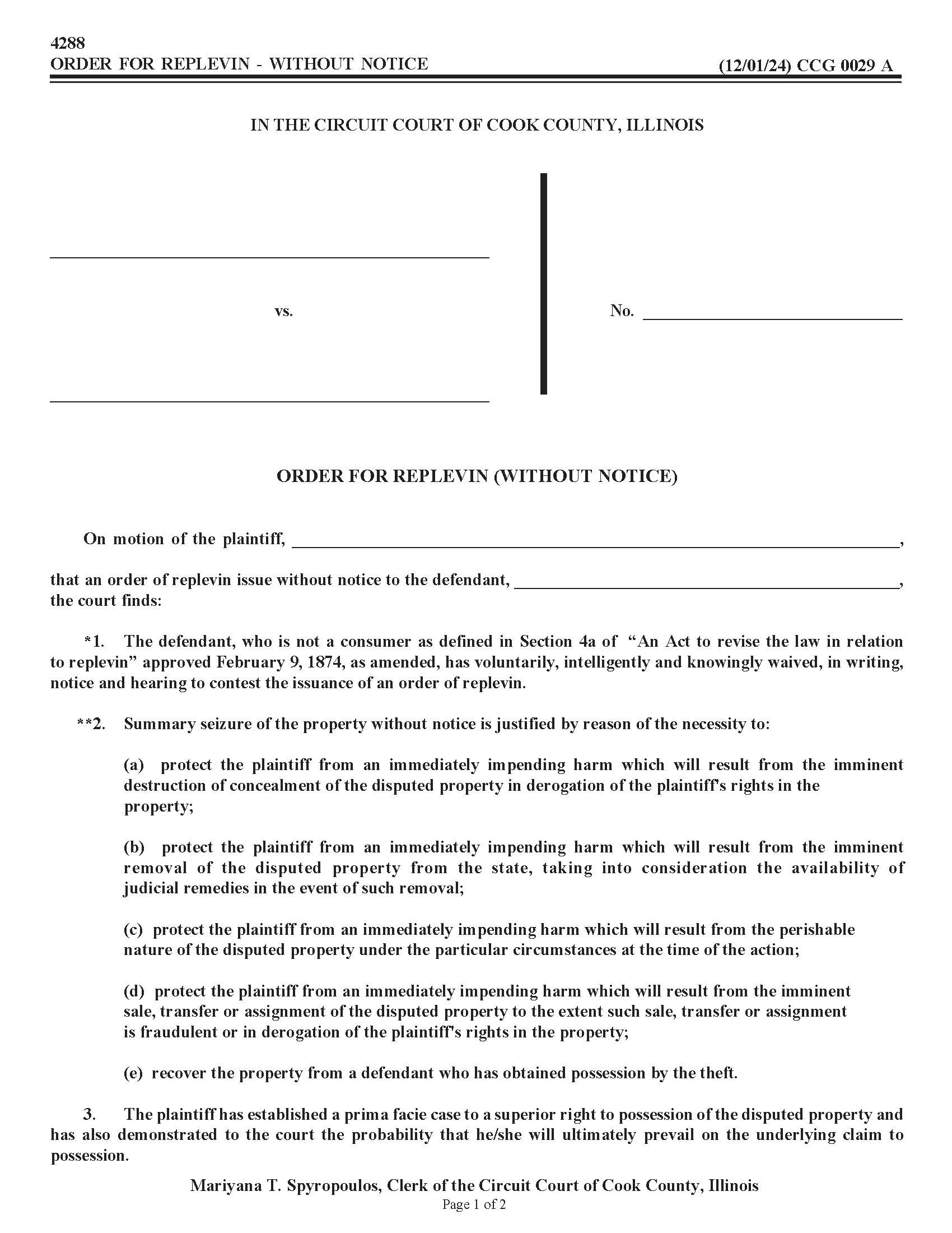 Order For Replevin (Without Notice) {CCG 0029} | Pdf Fpdf Doc Docx | Illinois