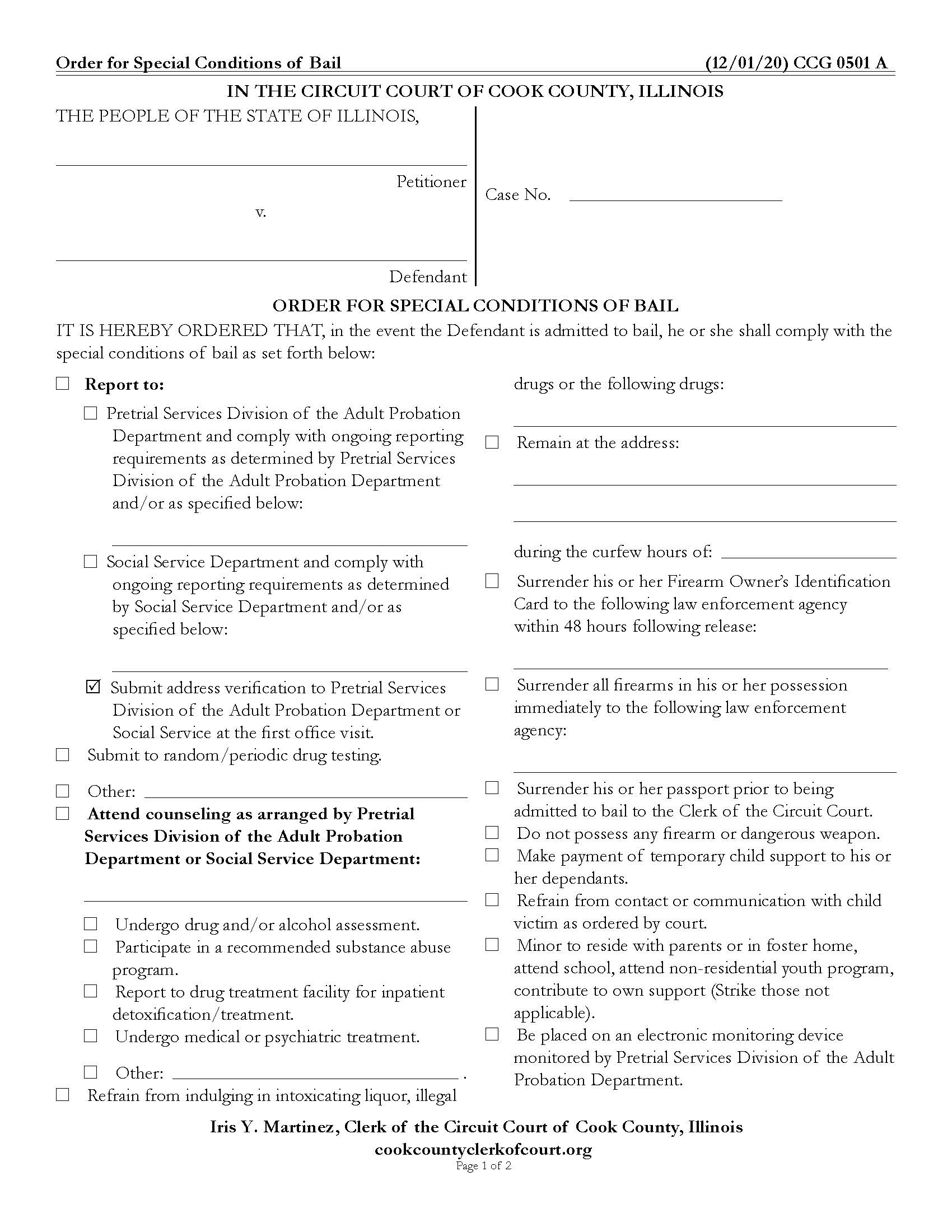 Order For Special Conditions Of Bail {CCG 0501} | Pdf Fpdf Docx | Illinois
