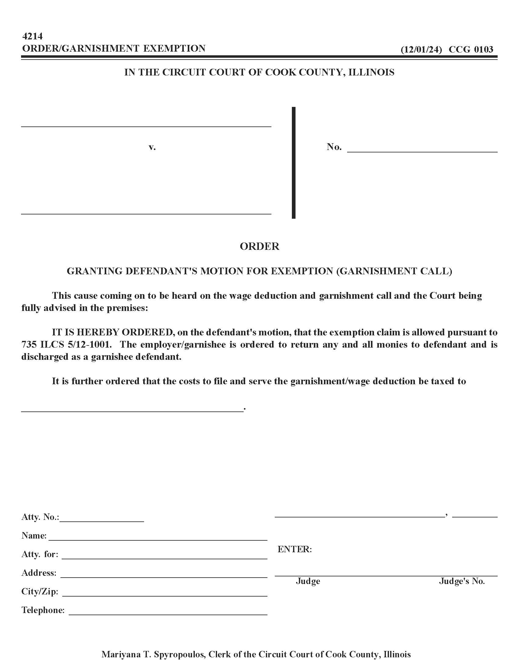 Order Granting Defendants Motion For Exemption (Garnishment Call) {CCG 0103} | Pdf Fpdf Docx | Illinois