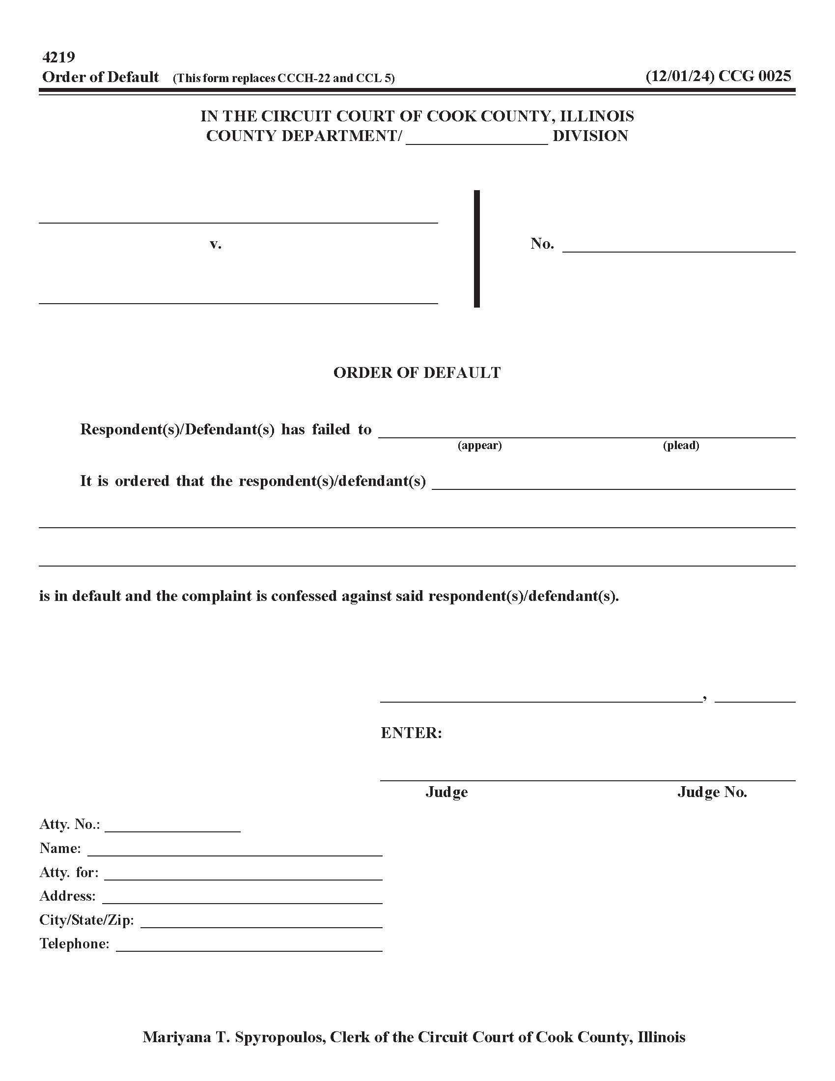 Order Of Default {CCG 0025} | Pdf Fpdf Doc Docx | Illinois
