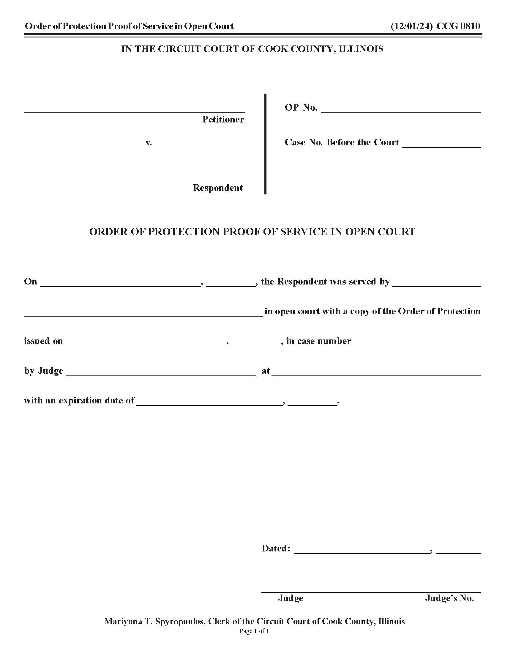 Order Of Protection Proof Of Service In Open Court {CCG 0810} | Pdf Fpdf Doc Docx | Illinois
