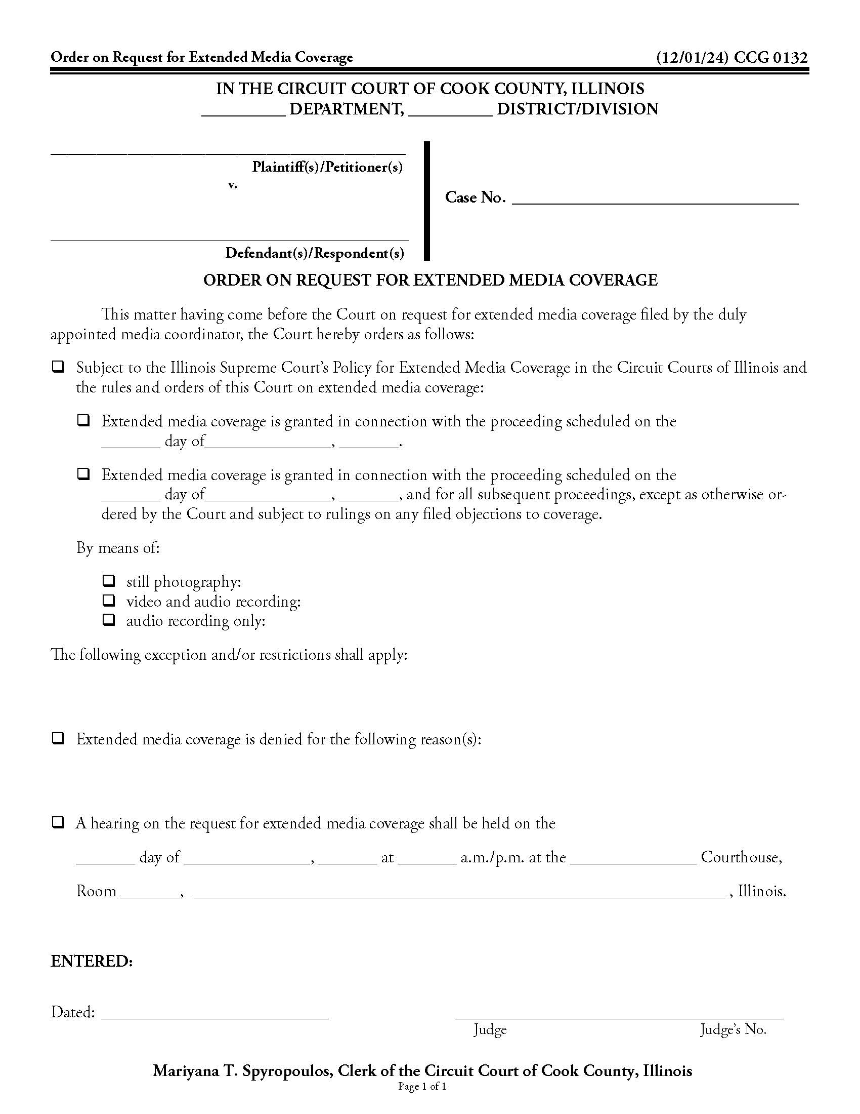 Order On Request For Extended Media Coverage {CCG 0132} | Pdf Fpdf Docx | Illinois