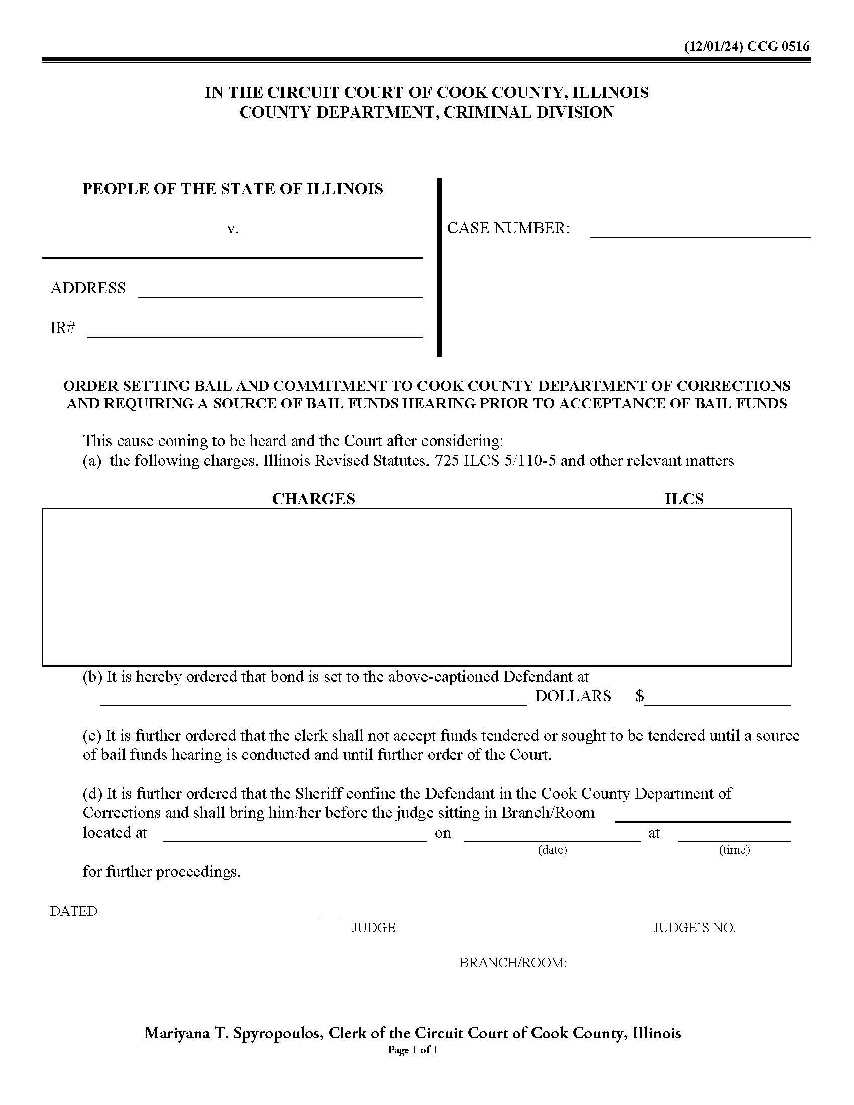 Order Setting Bail And Requiring Source Of Bail Funds Hearing {CCG 0516} | Pdf Fpdf Docx | Illinois